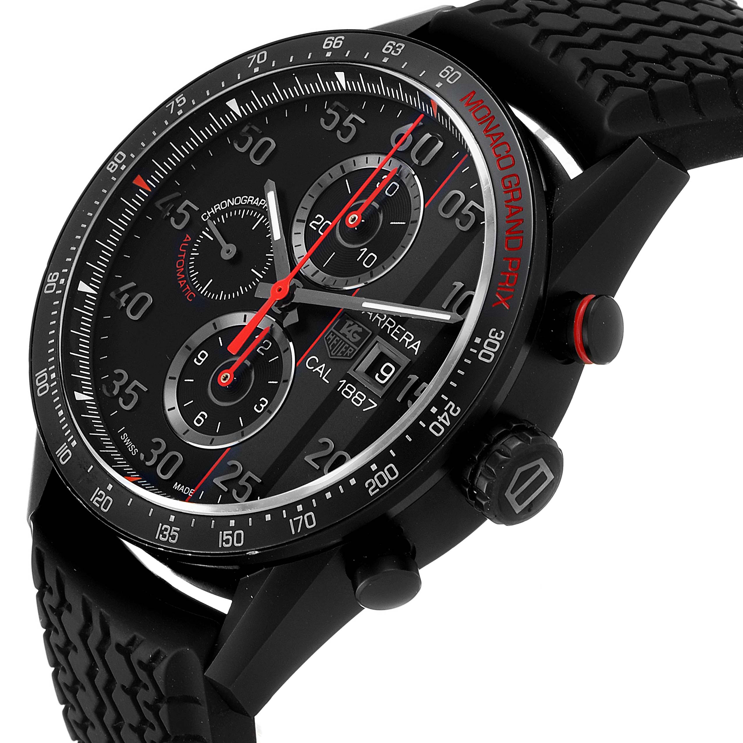 The image shows a close-up angle of the dial and side buttons of the Tag Heuer Monaco CAR2A83.FT6033 Men's Titanium Black Dial CAR2A83.FT6033 Men's Titanium Black Dial model watch.