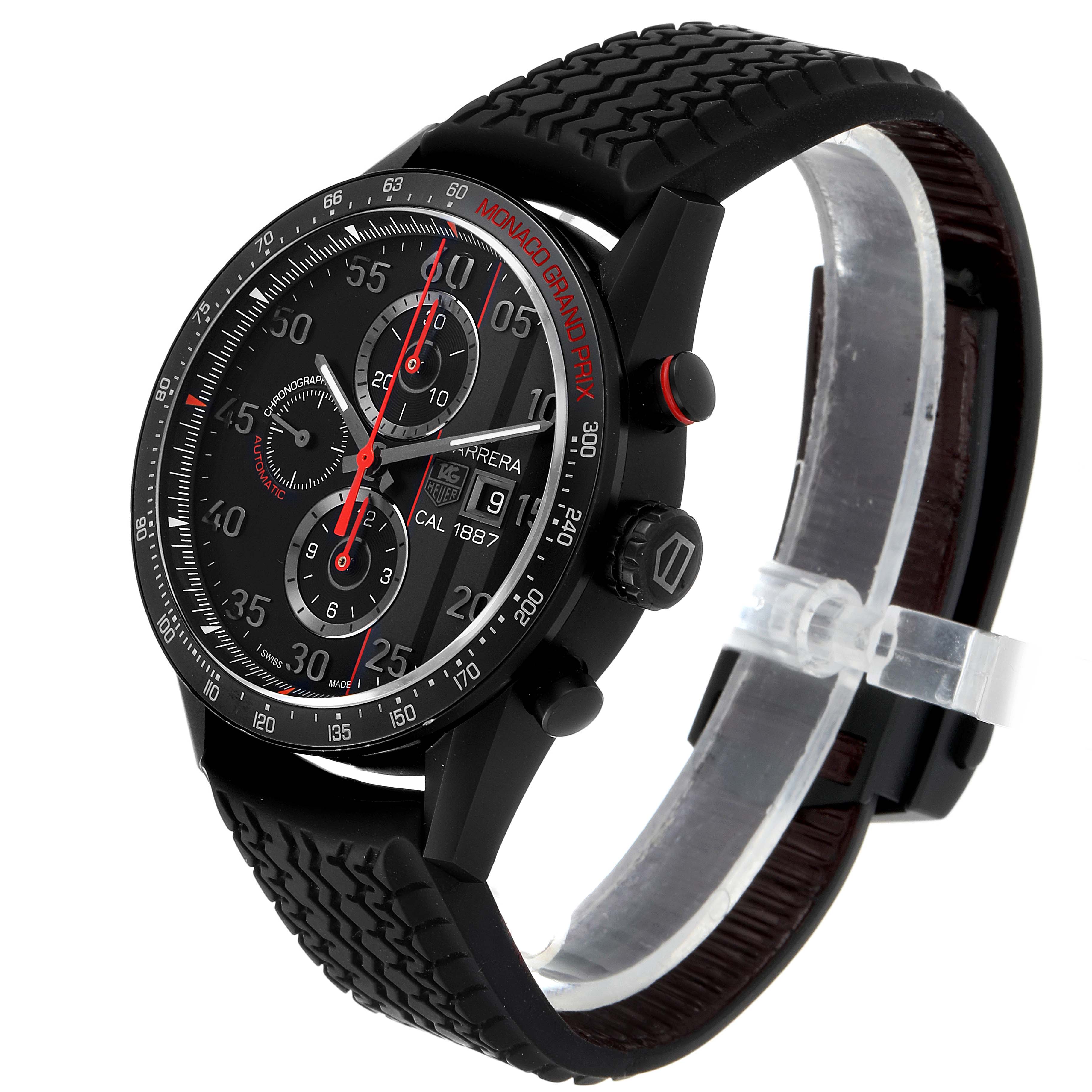 The image shows a Tag Heuer Monaco CAR2A83.FT6033 Men's Titanium Black Dial CAR2A83.FT6033 Men's Titanium Black Dial watch at a slightly tilted angle, displaying its face, bezel, crown, pushers, and band.