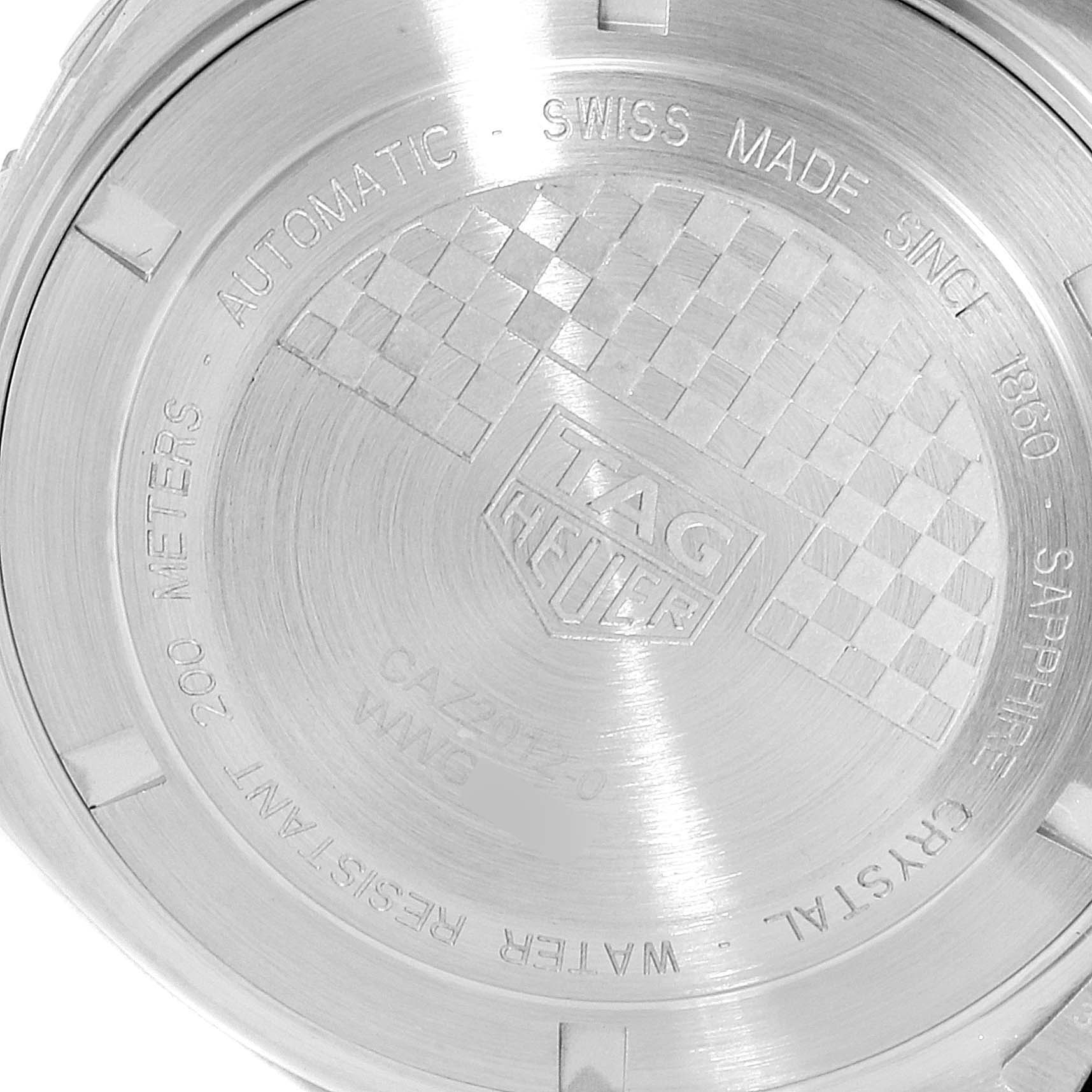 The image shows the back case of a Tag Heuer Formula 1 CAZ2012.BA0970 Men's Stainless Steel Grey Dial CAZ2012.BA0970 Men's Stainless Steel Grey Dial watch, highlighting its engravings and specifications.