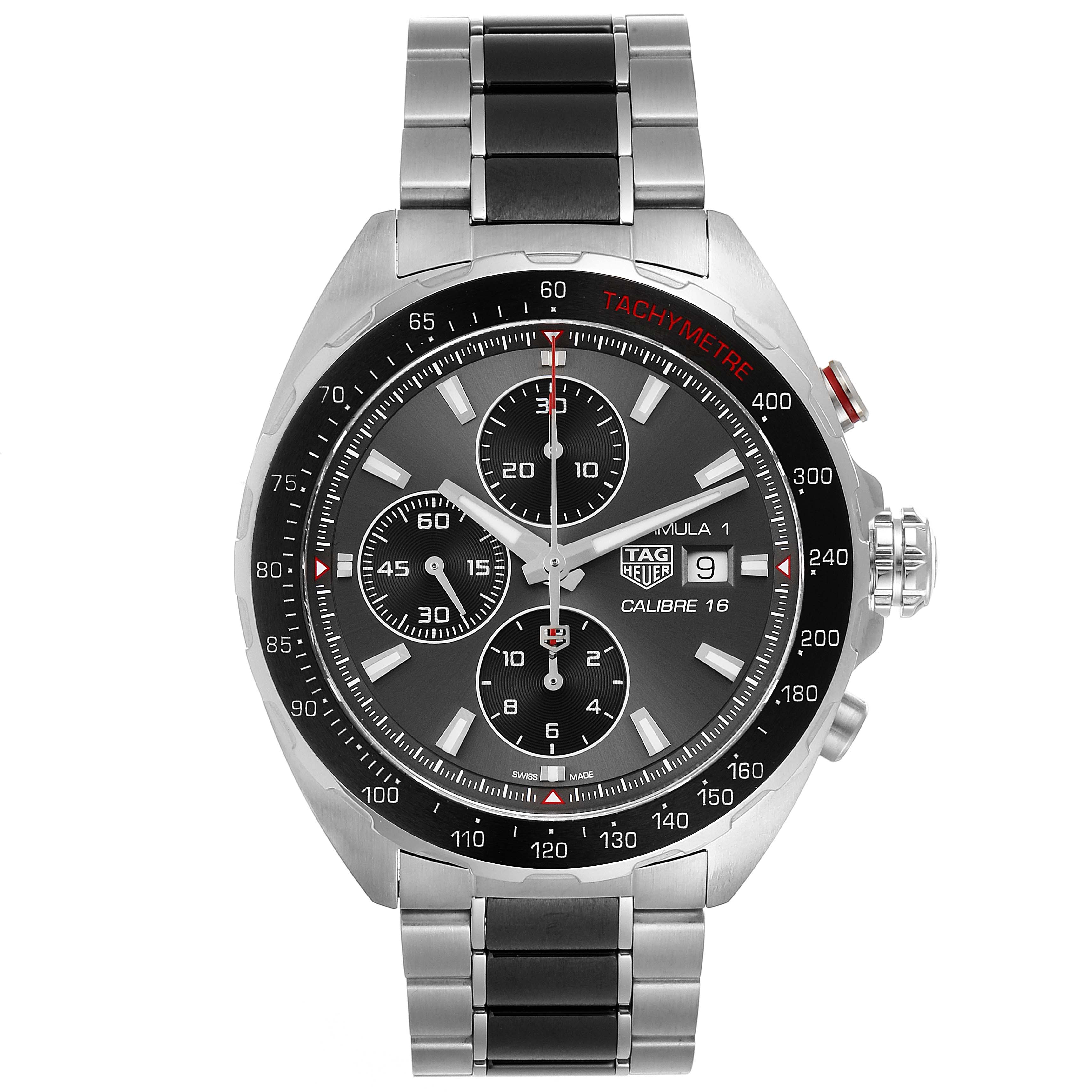 The image shows a front view of the Tag Heuer Formula 1 CAZ2012.BA0970 Men's Stainless Steel Grey Dial CAZ2012.BA0970 Men's Stainless Steel Grey Dial watch, displaying its dial, bezel, and stainless steel bracelet.