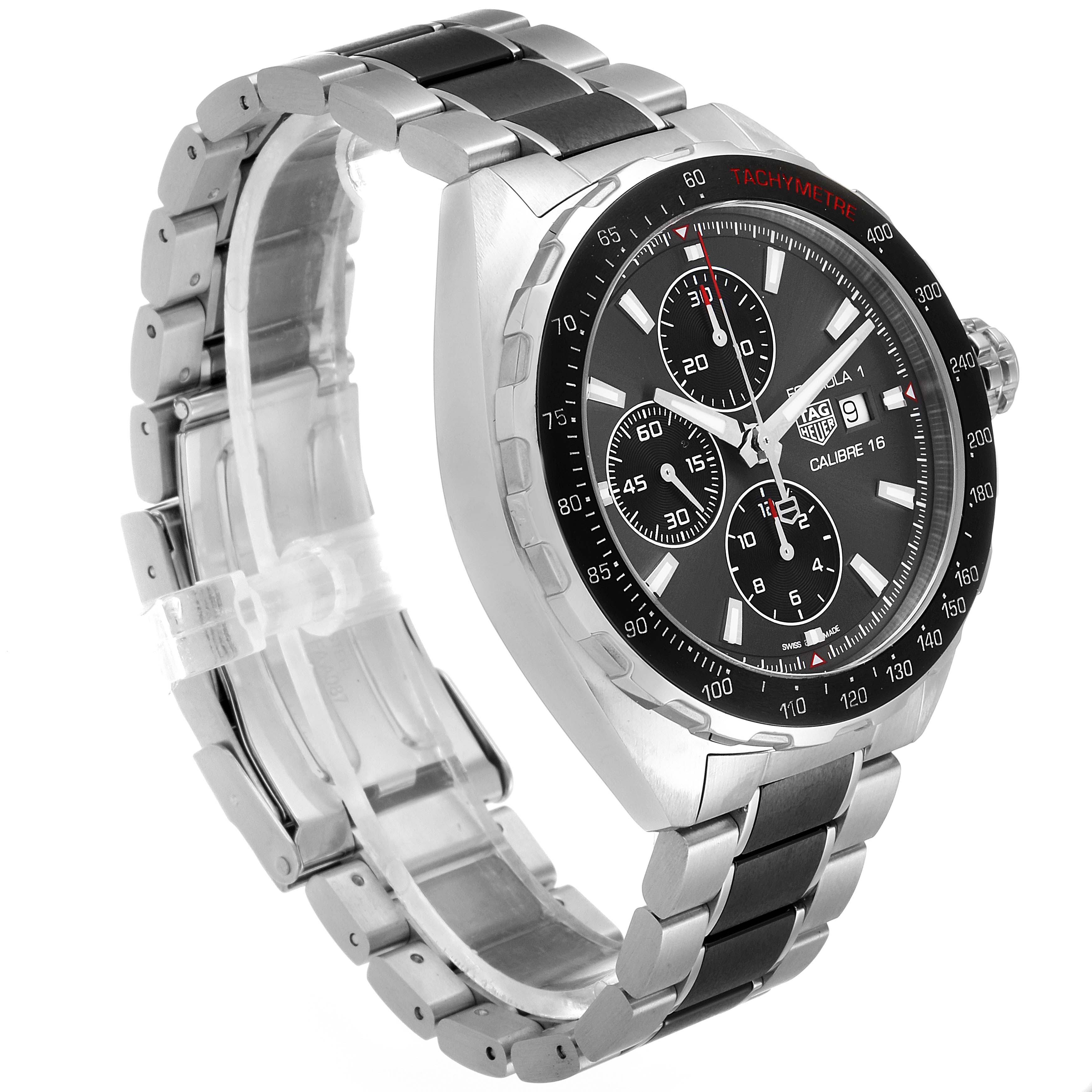 The Tag Heuer Formula 1 CAZ2012.BA0970 Men's Stainless Steel Grey Dial CAZ2012.BA0970 Men's Stainless Steel Grey Dial watch is shown at a slight side angle, displaying the face, bezel, crown, and metal bracelet.