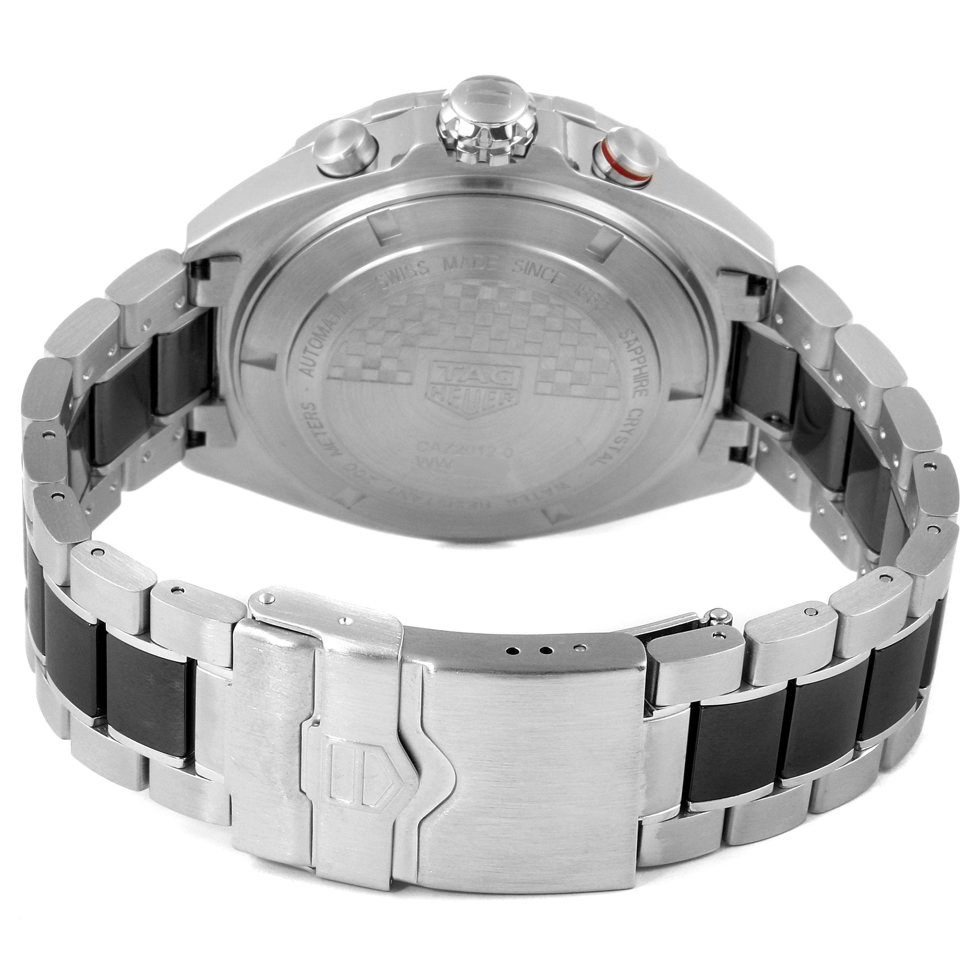 This image of a Tag Heuer Formula 1 CAZ2012.BA0970 Men's Stainless Steel Grey Dial CAZ2012.BA0970 Men's Stainless Steel Grey Dial watch shows the back case, crown, pushers, and metal bracelet from a rear angle.