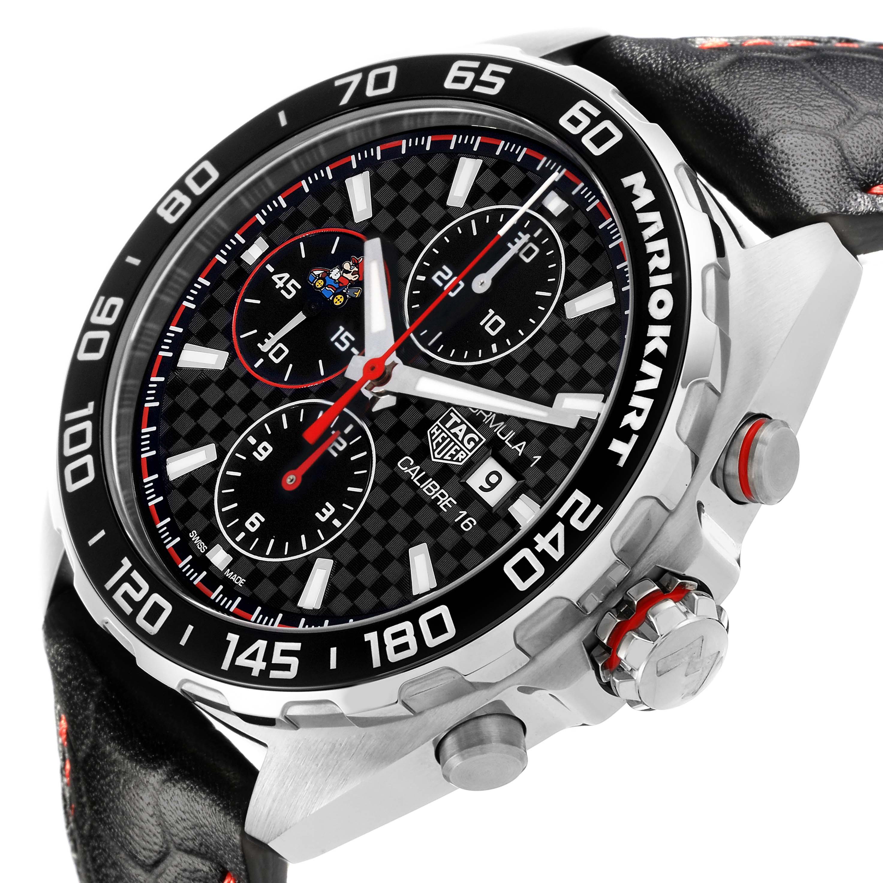 The Tag Heuer Formula 1 CAZ201E.FC6517 Men's Stainless Steel Black Dial CAZ201E.FC6517 Men's Stainless Steel Black Dial watch is shown from a side angle, displaying the black bezel, chronograph dials, and leather strap.