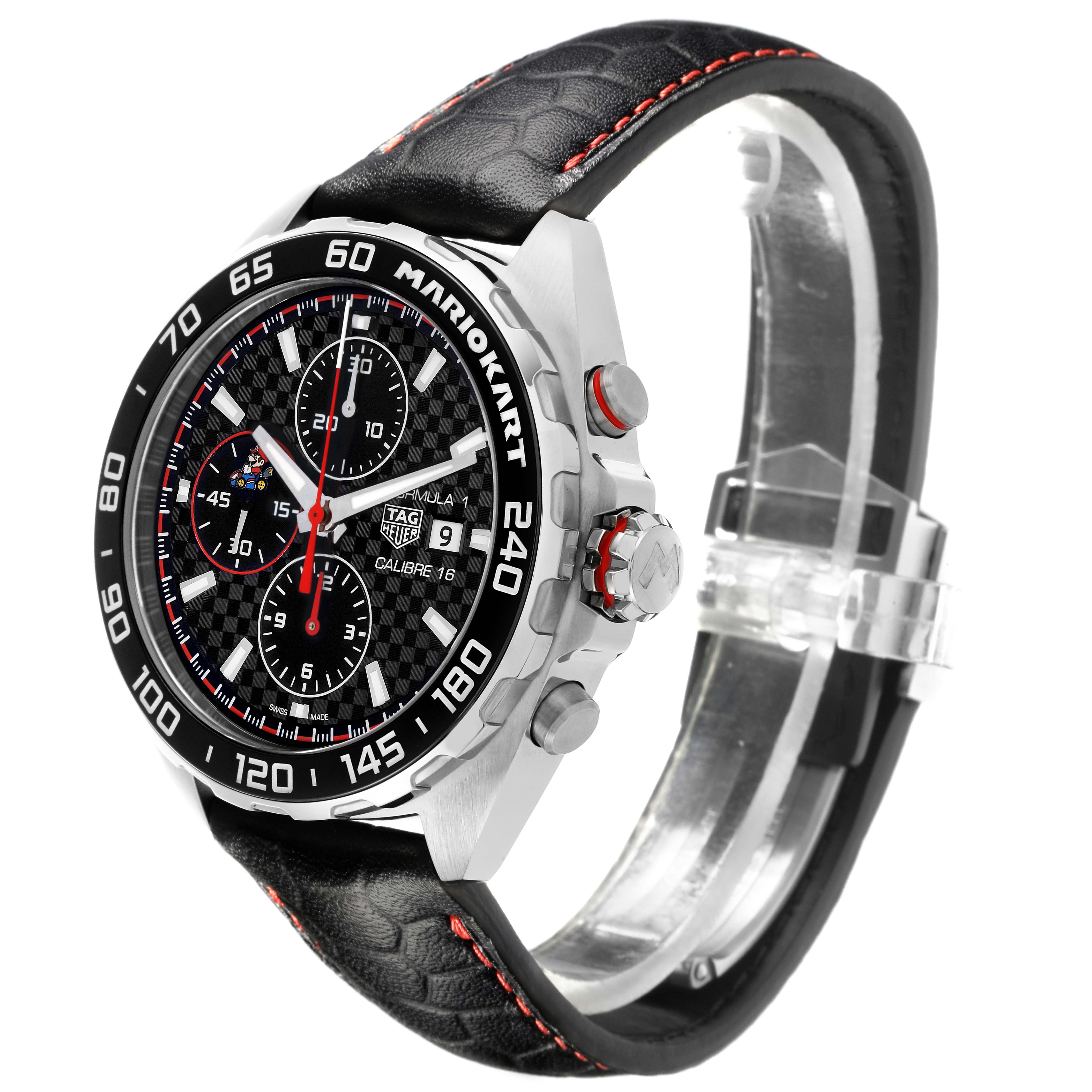 The Tag Heuer Formula 1 CAZ201E.FC6517 Men's Stainless Steel Black Dial CAZ201E.FC6517 Men's Stainless Steel Black Dial watch is shown at a three-quarter angle, displaying the face, side buttons, and black leather strap.