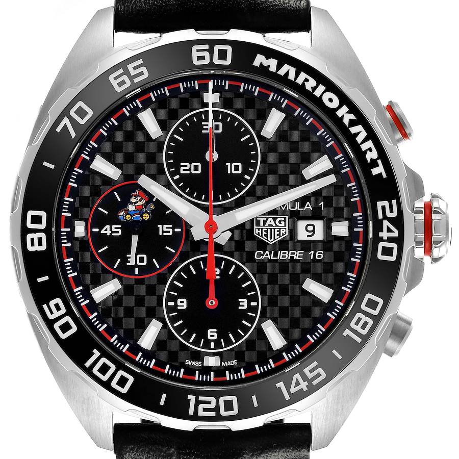 The Tag Heuer Formula 1 watch is shown from a front angle, highlighting the bezel, dial, pushers, and strap.