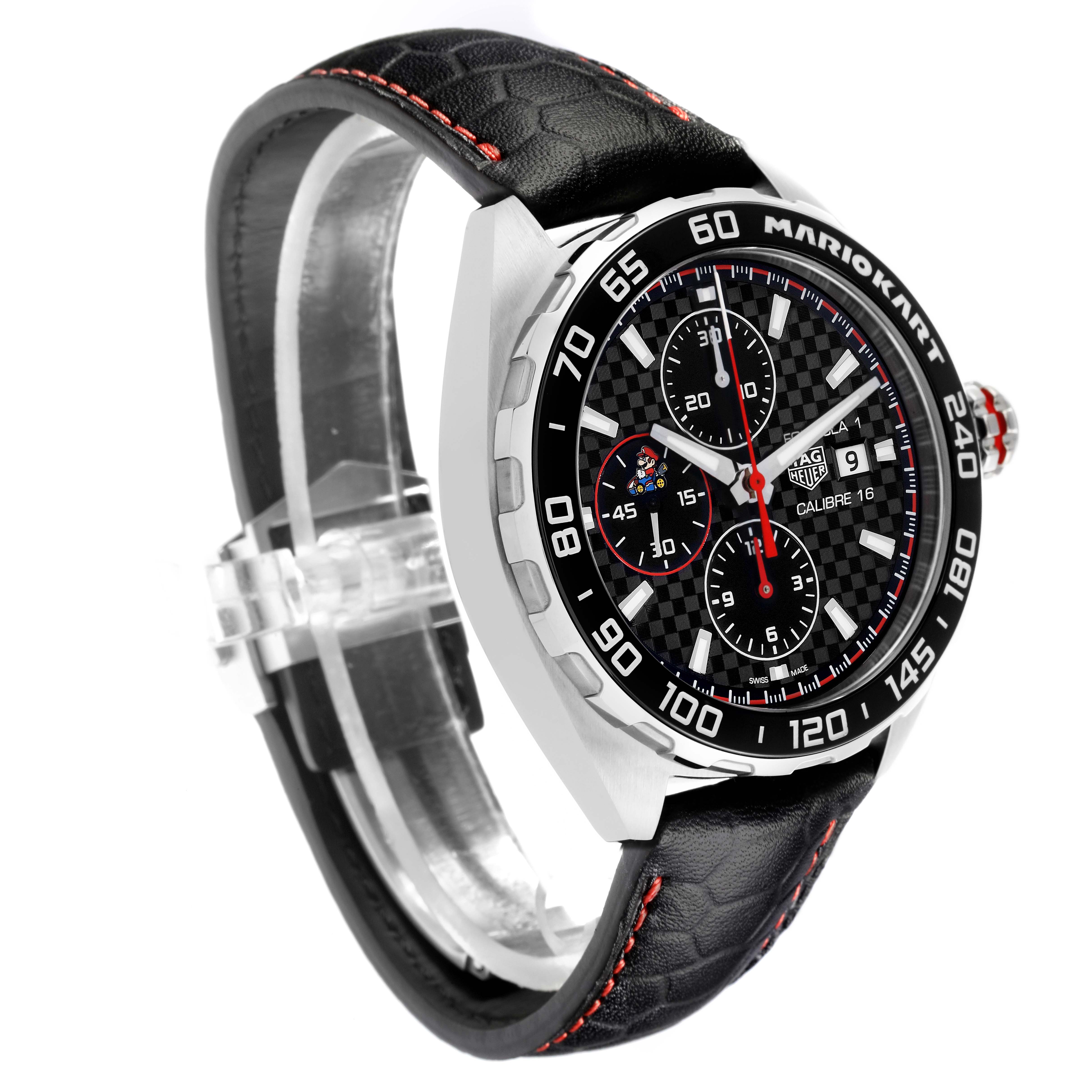 The Tag Heuer Formula 1 CAZ201E.FC6517 Men's Stainless Steel Black Dial CAZ201E.FC6517 Men's Stainless Steel Black Dial watch is shown at a slight front angle, highlighting the face, bezel, crown, and leather strap.