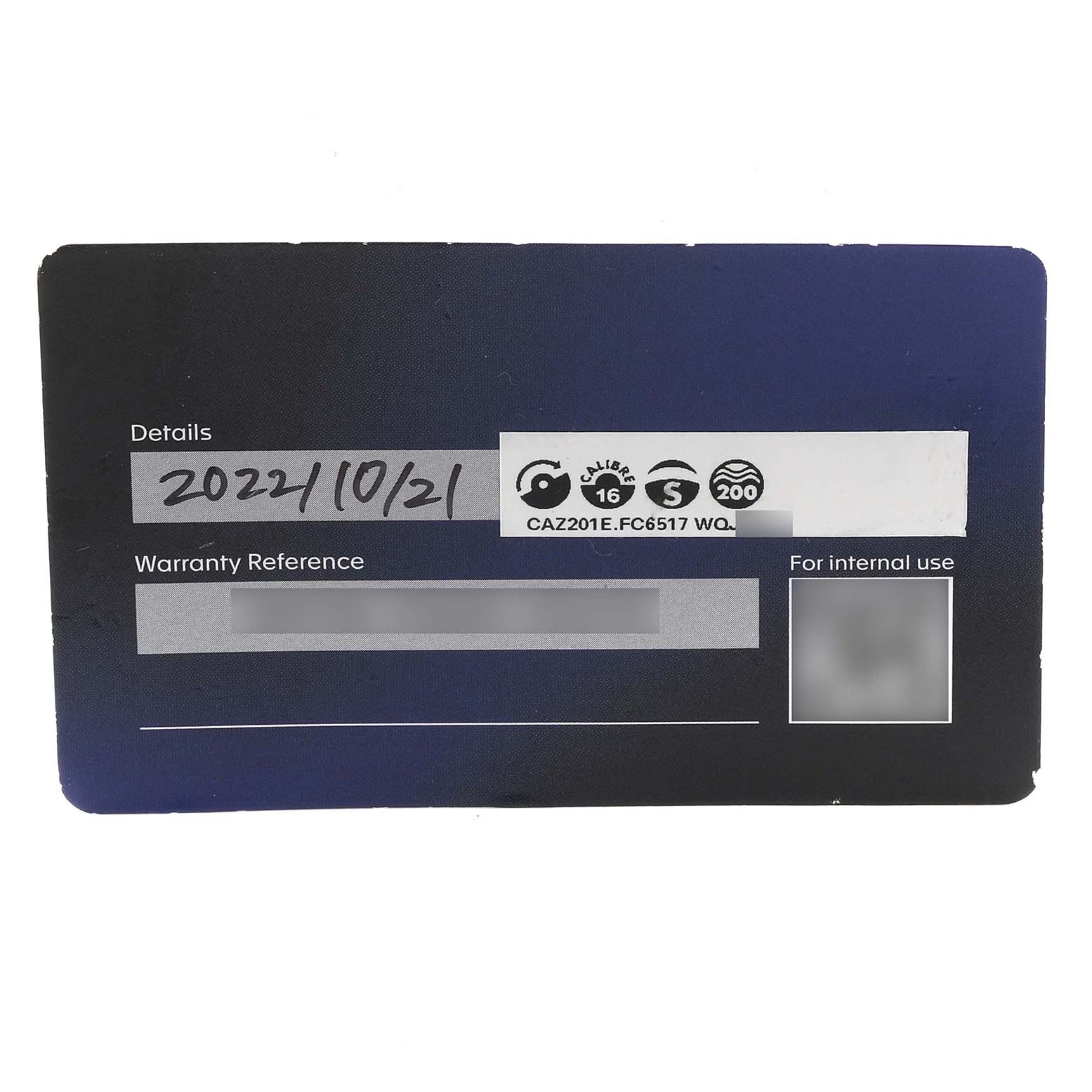 The image shows a warranty card for the Tag Heuer Formula 1 CAZ201E.FC6517 Men's Stainless Steel Black Dial CAZ201E.FC6517 Men's Stainless Steel Black Dial model, including the model number and purchase date.