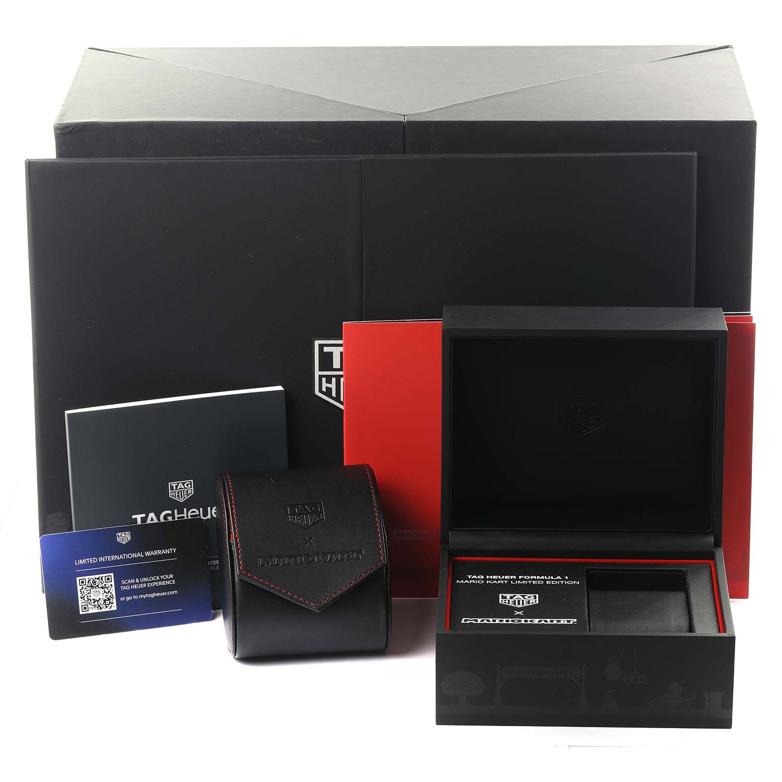 The image shows the packaging, warranty card, and booklet for a Tag Heuer Formula 1 CAZ201E.FC6517 Men's Stainless Steel Black Dial CAZ201E.FC6517 Men's Stainless Steel Black Dial watch, displayed from a front angle.