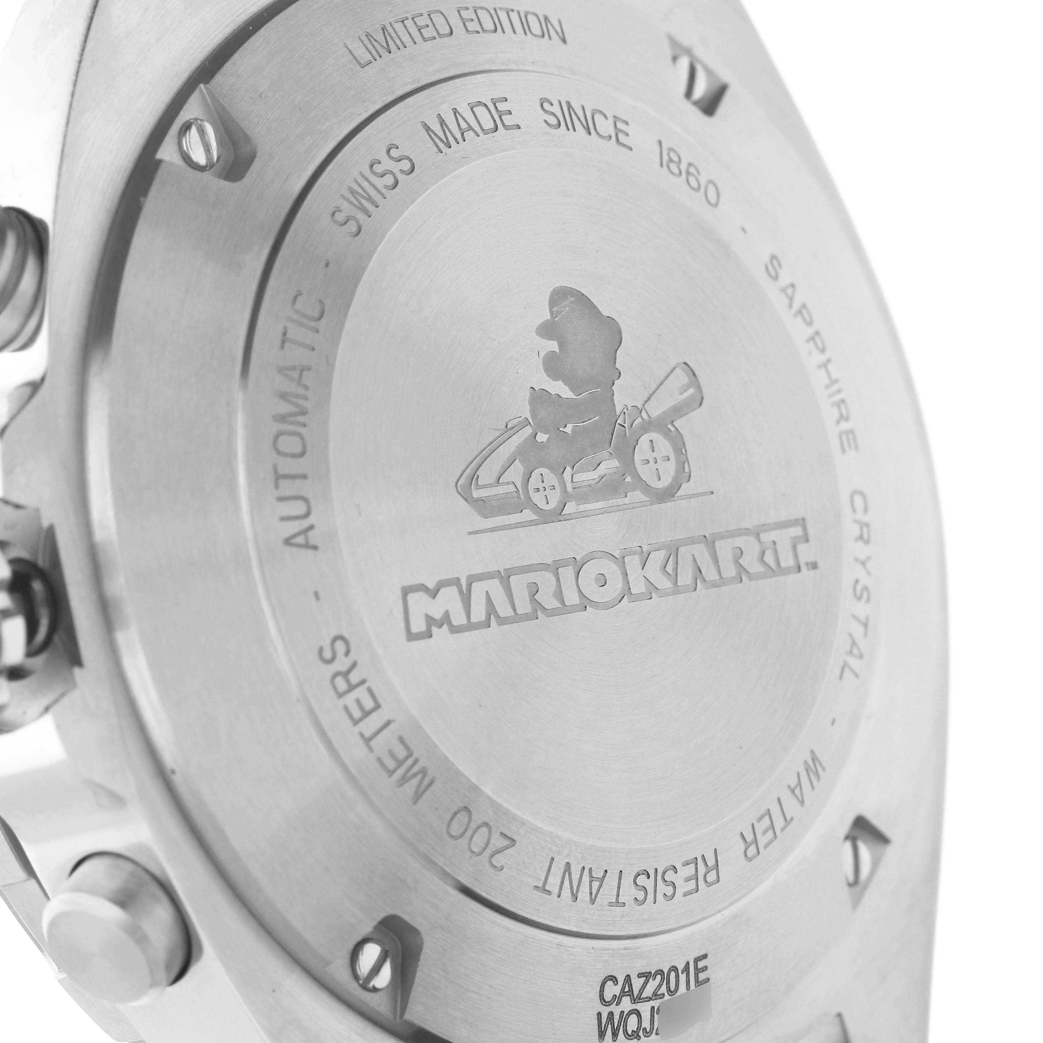 The image shows the back of a Tag Heuer Formula 1 CAZ201E.FC6517 Men's Stainless Steel Black Dial CAZ201E.FC6517 Men's Stainless Steel Black Dial watch, featuring Mario Kart engraving and limited edition details.