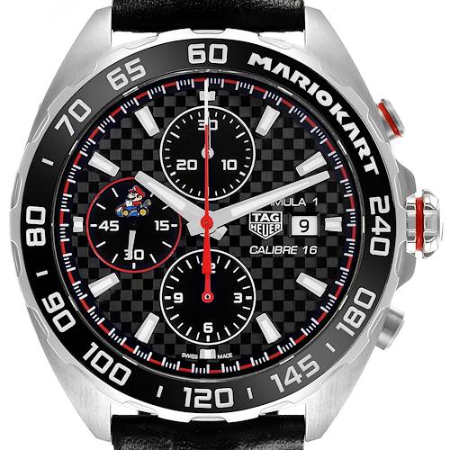 The Tag Heuer Formula 1 watch is shown from a front angle, highlighting its dial, bezel, and subdials.