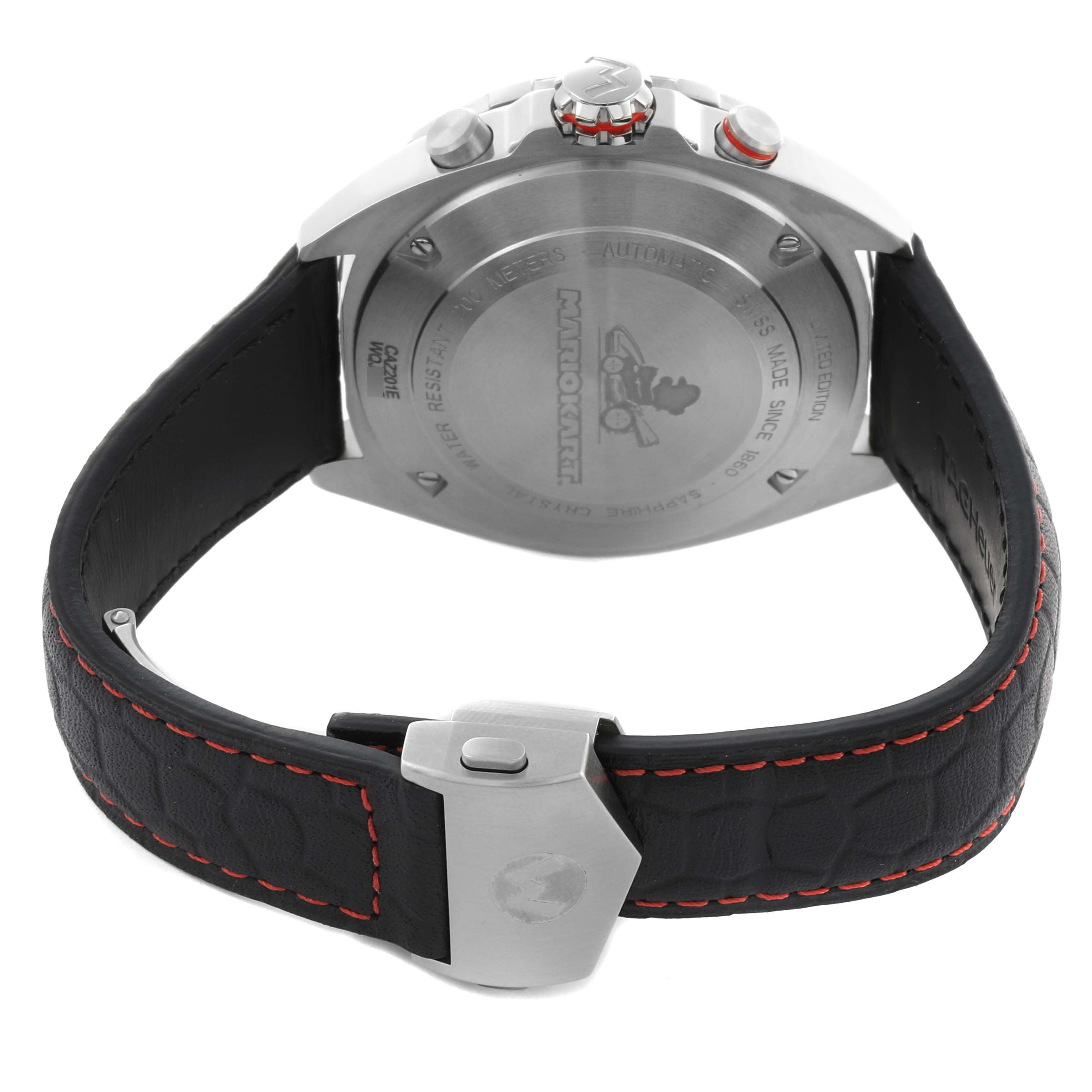 The image shows the back of the Tag Heuer Formula 1 CAZ201E.FC6517 Men's Stainless Steel Black Dial CAZ201E.FC6517 Men's Stainless Steel Black Dial watch, highlighting the case back and leather strap with red stitching.