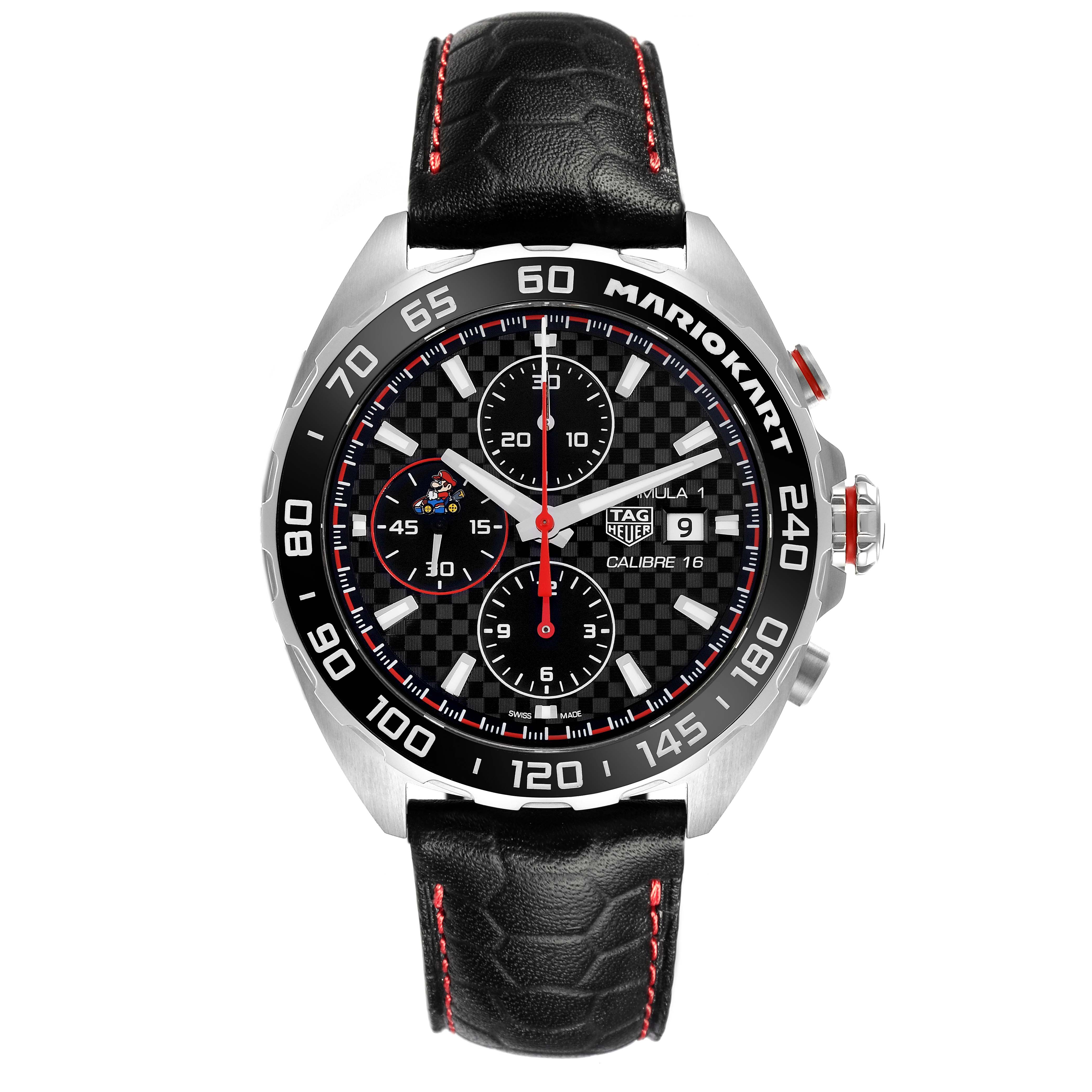 The Tag Heuer Formula 1 CAZ201E.FC6517 Men's Stainless Steel Black Dial CAZ201E.FC6517 Men's Stainless Steel Black Dial watch is shown from the front, displaying its face, bezel, subdials, and leather strap.
