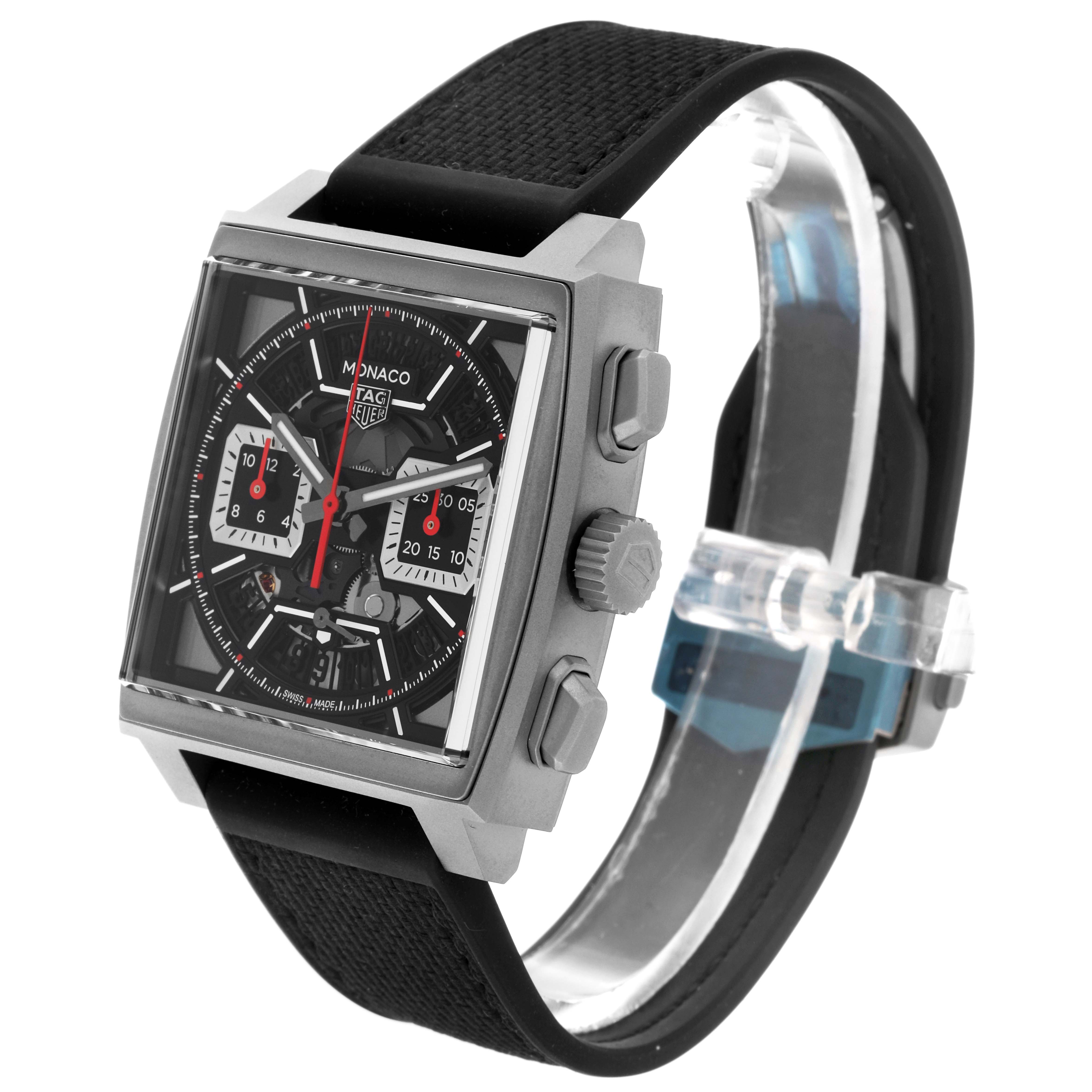 The Tag Heuer Monaco CBL2183.FT6236 Men's Titanium Black Dial CBL2183.FT6236 Men's Titanium Black Dial watch is shown in a three-quarter view, highlighting the face, crown, and two pushers.