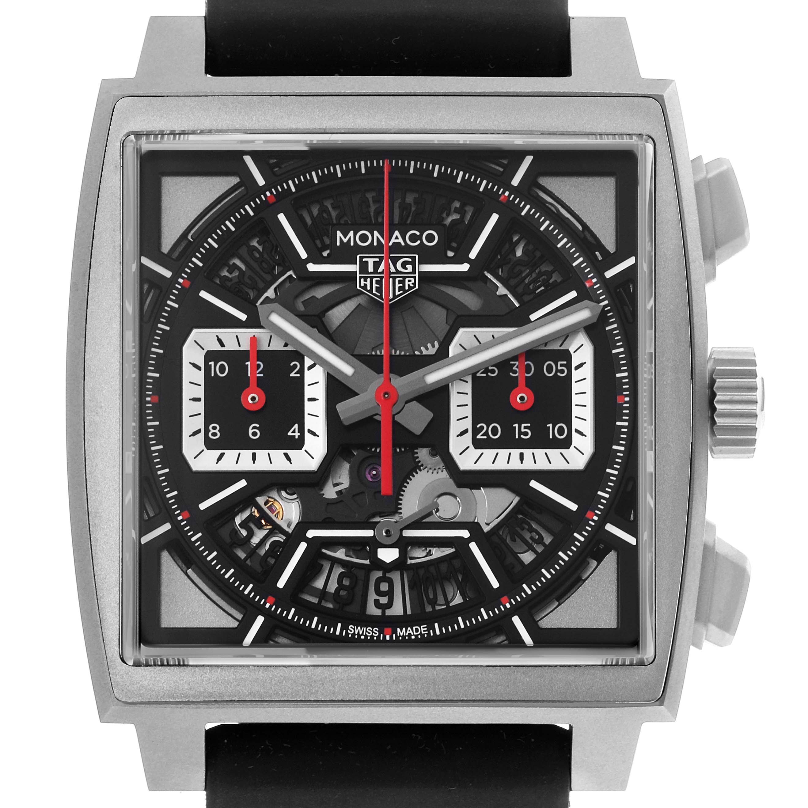 The Tag Heuer Monaco CBL2183.FT6236 Men's Titanium Black Dial CBL2183.FT6236 Men's Titanium Black Dial watch is shown from the front, highlighting its square face, dial details, and crown.