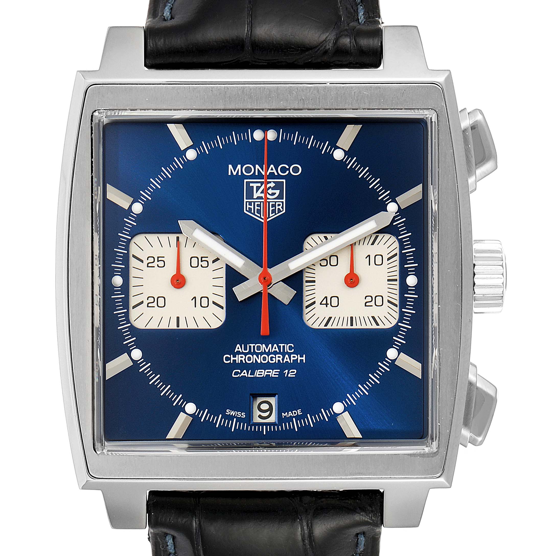 The image shows a front view of the Tag Heuer Monaco CAW2111 Men's Stainless Steel Blue Dial CAW2111 Men's Stainless Steel Blue Dial watch, highlighting the dial, subdials, and crown.