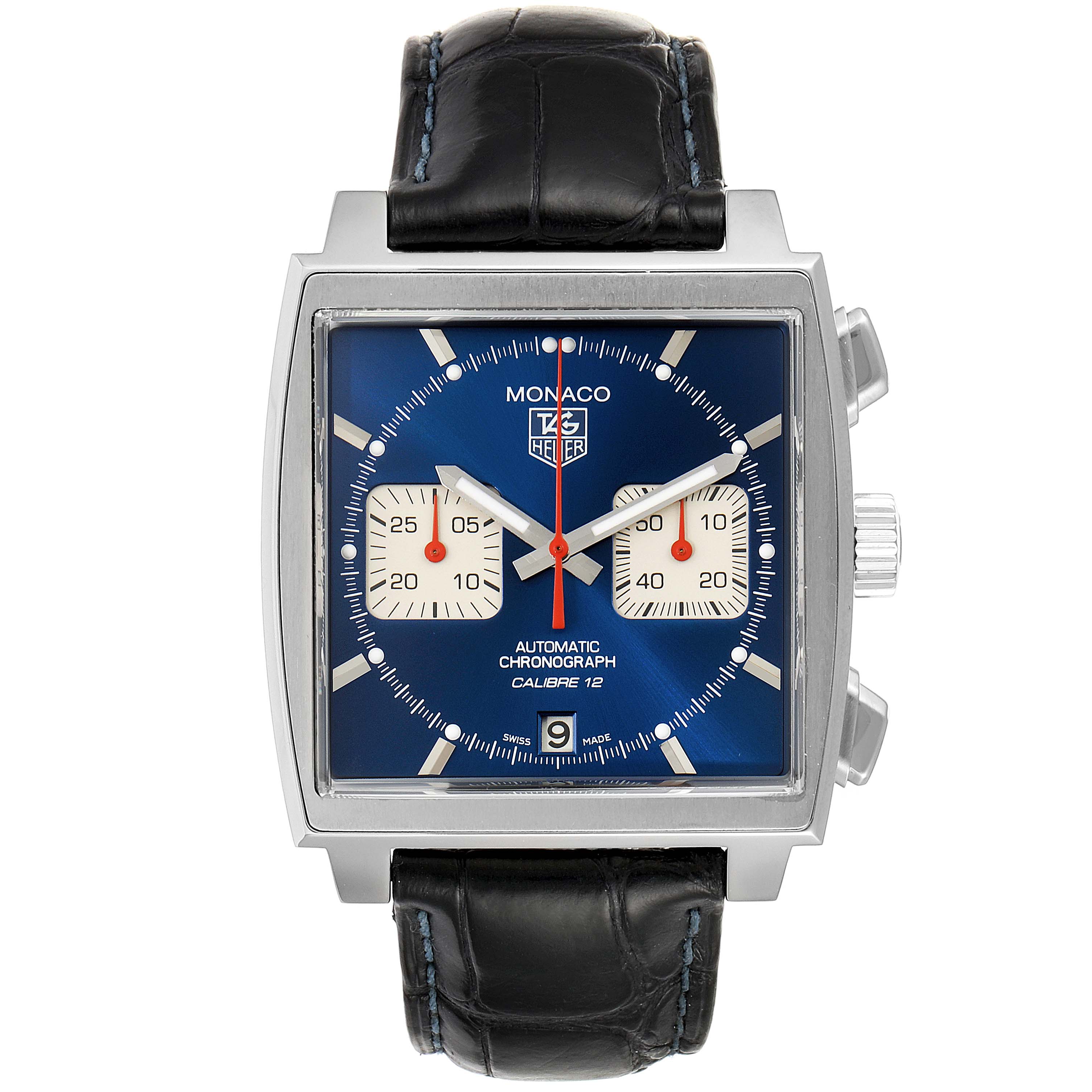 The image shows a front view of a Tag Heuer Monaco CAW2111 Men's Stainless Steel Blue Dial CAW2111 Men's Stainless Steel Blue Dial watch with a blue square dial and black leather strap.