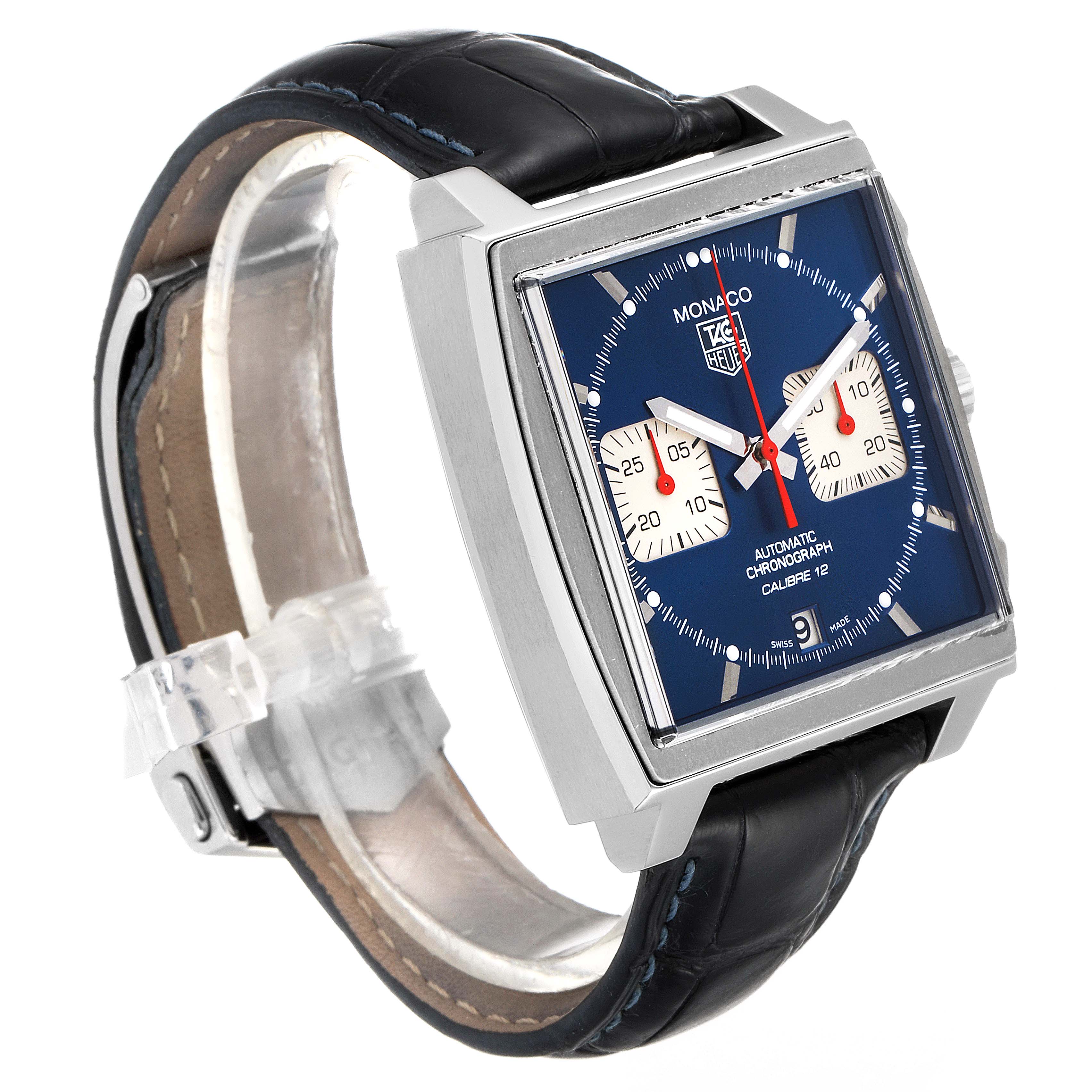 The image shows a side angle of the Tag Heuer Monaco CAW2111 Men's Stainless Steel Blue Dial CAW2111 Men's Stainless Steel Blue Dial watch featuring its square dial and leather strap.