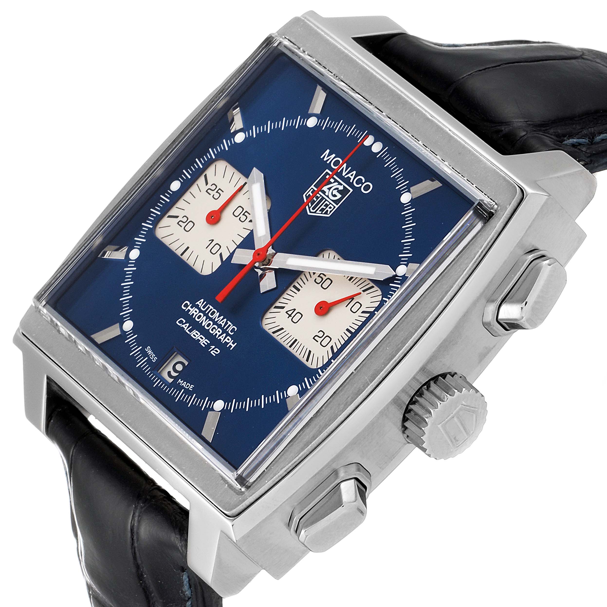 This Tag Heuer Monaco CAW2111 Men's Stainless Steel Blue Dial CAW2111 Men's Stainless Steel Blue Dial watch is shown at a slight angle, highlighting its square face, side buttons, and leather strap.