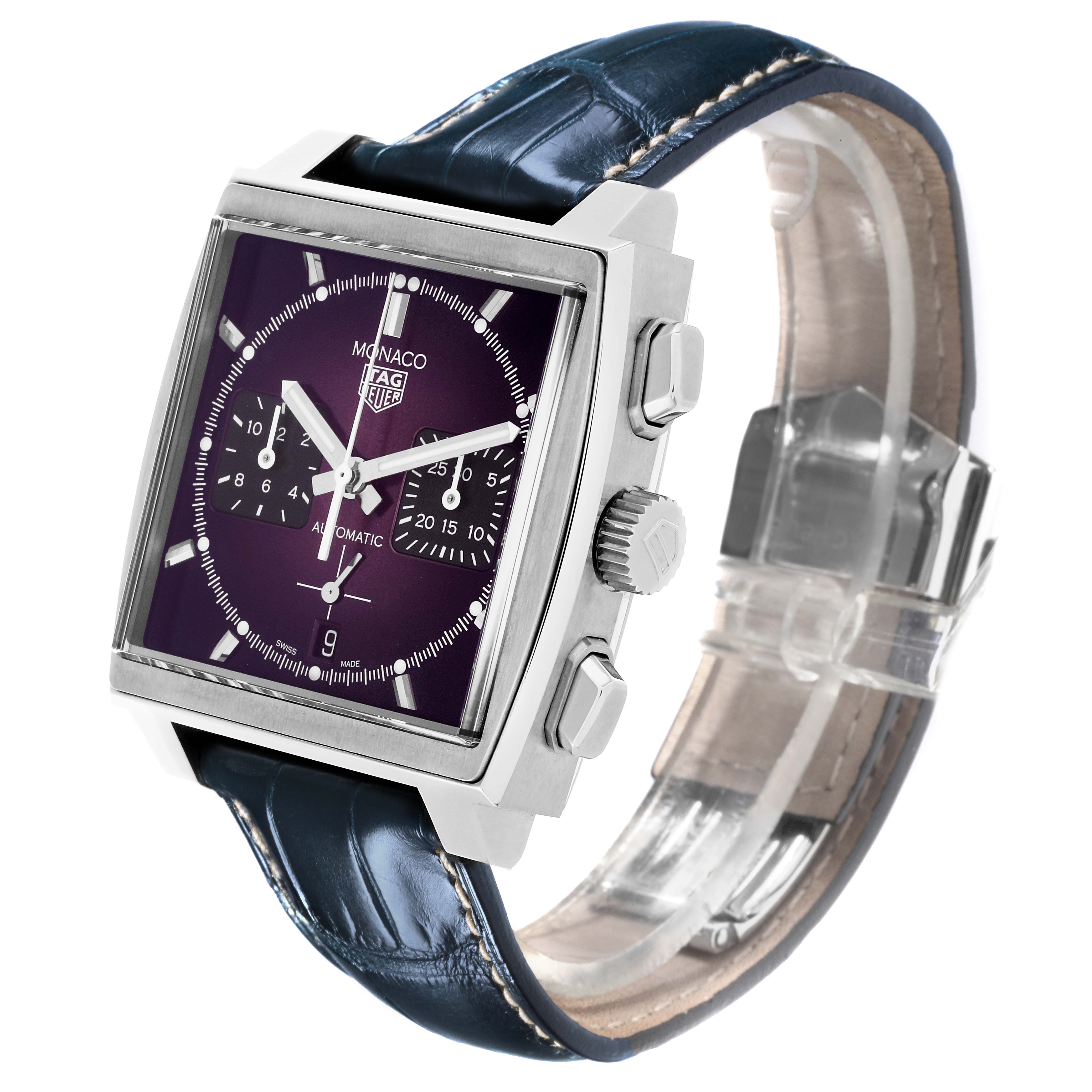 The Tag Heuer Monaco CBL2118.FC6518 Men's Stainless Steel Purple Dial CBL2118.FC6518 Men's Stainless Steel Purple Dial watch is shown at a slight angle displaying its face, crown, pushers, and strap.
