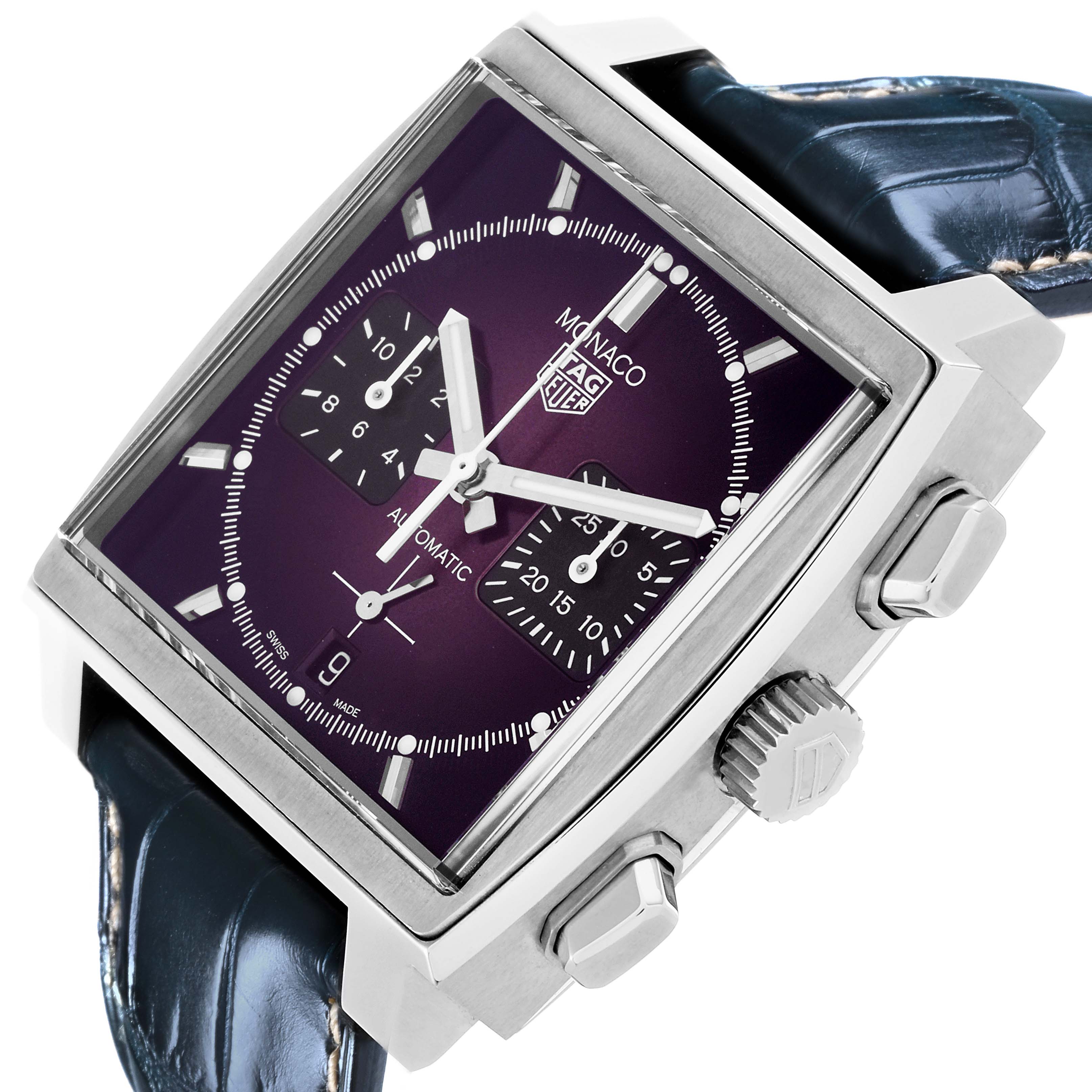 The Tag Heuer Monaco CBL2118.FC6518 Men's Stainless Steel Purple Dial CBL2118.FC6518 Men's Stainless Steel Purple Dial model watch is shown at an angled view, highlighting the square face, side crown, and push buttons.