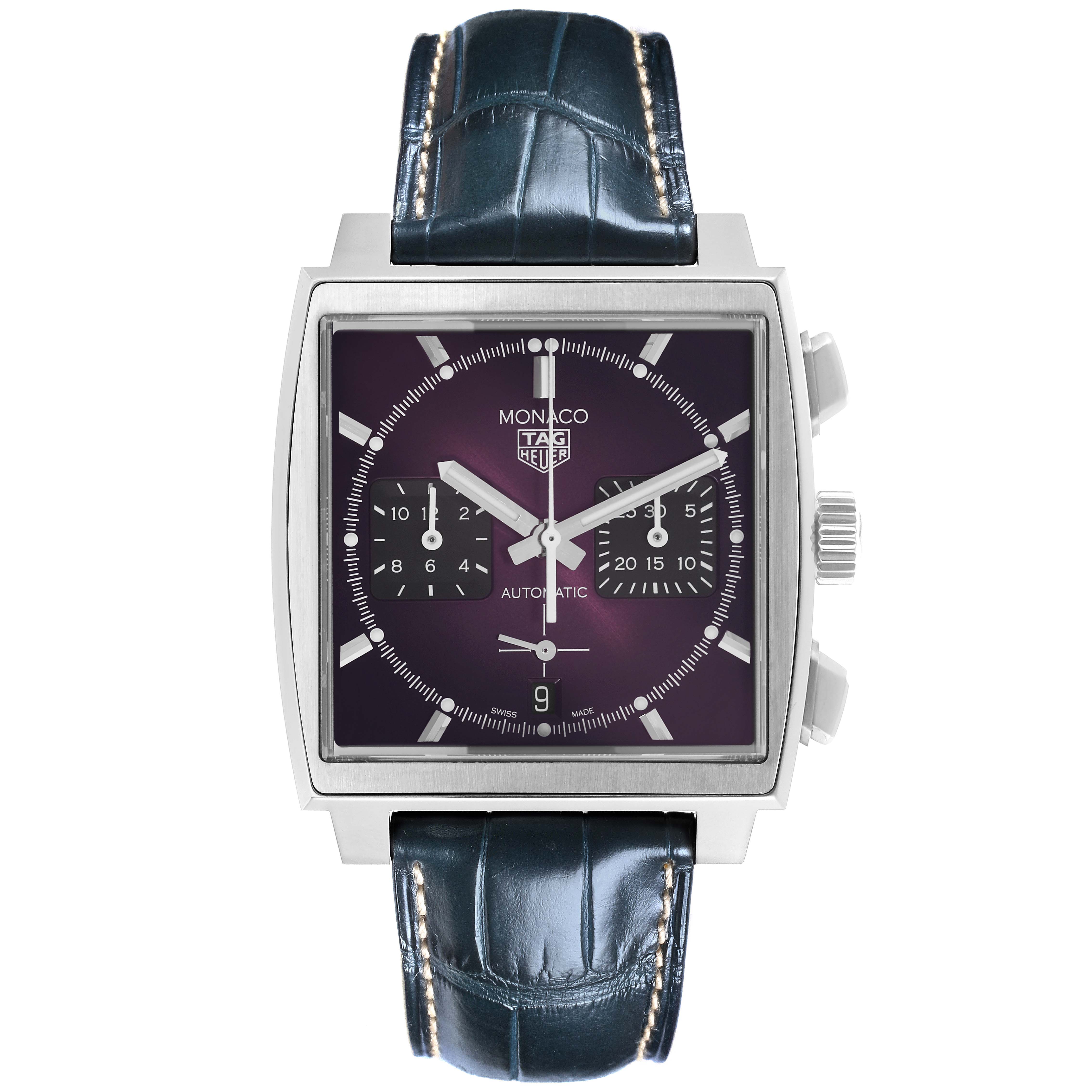 The Tag Heuer Monaco CBL2118.FC6518 Men's Stainless Steel Purple Dial CBL2118.FC6518 Men's Stainless Steel Purple Dial watch is shown from the front, displaying the face, sub-dials, and strap.