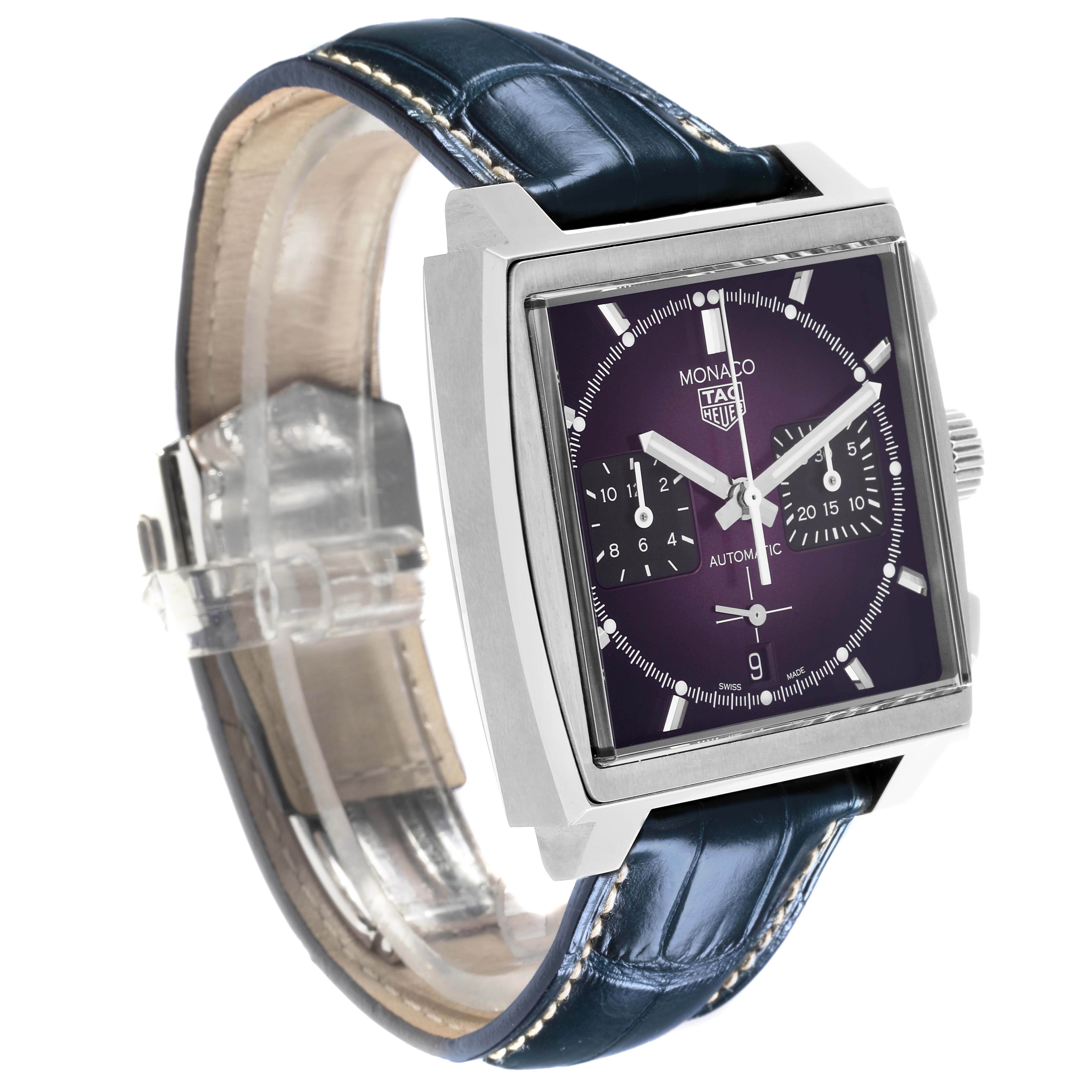 The Tag Heuer Monaco CBL2118.FC6518 Men's Stainless Steel Purple Dial CBL2118.FC6518 Men's Stainless Steel Purple Dial watch is shown at a three-quarter angle, highlighting its square face, pushers, and leather strap.