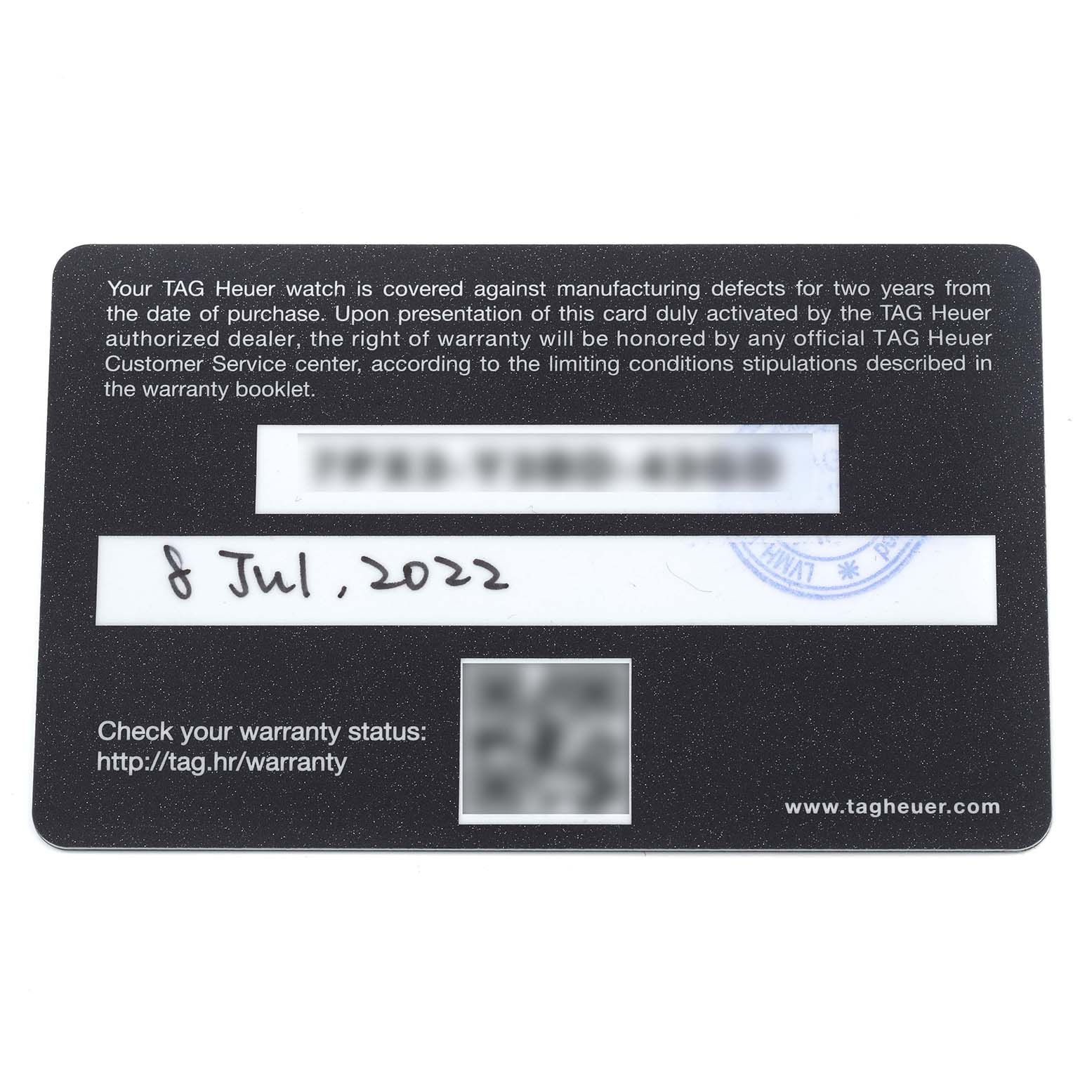 The image shows a warranty card for the Tag Heuer Monaco CBL2118.FC6518 Men's Stainless Steel Purple Dial CBL2118.FC6518 Men's Stainless Steel Purple Dial watch model.