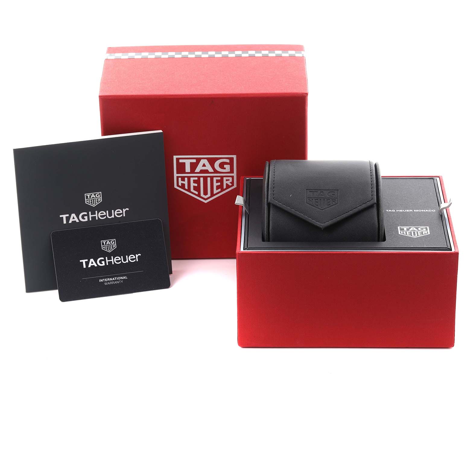 The image shows the packaging and accessories for a Tag Heuer Monaco CBL2118.FC6518 Men's Stainless Steel Purple Dial CBL2118.FC6518 Men's Stainless Steel Purple Dial watch, including a red box, a black pouch, and warranty documents.