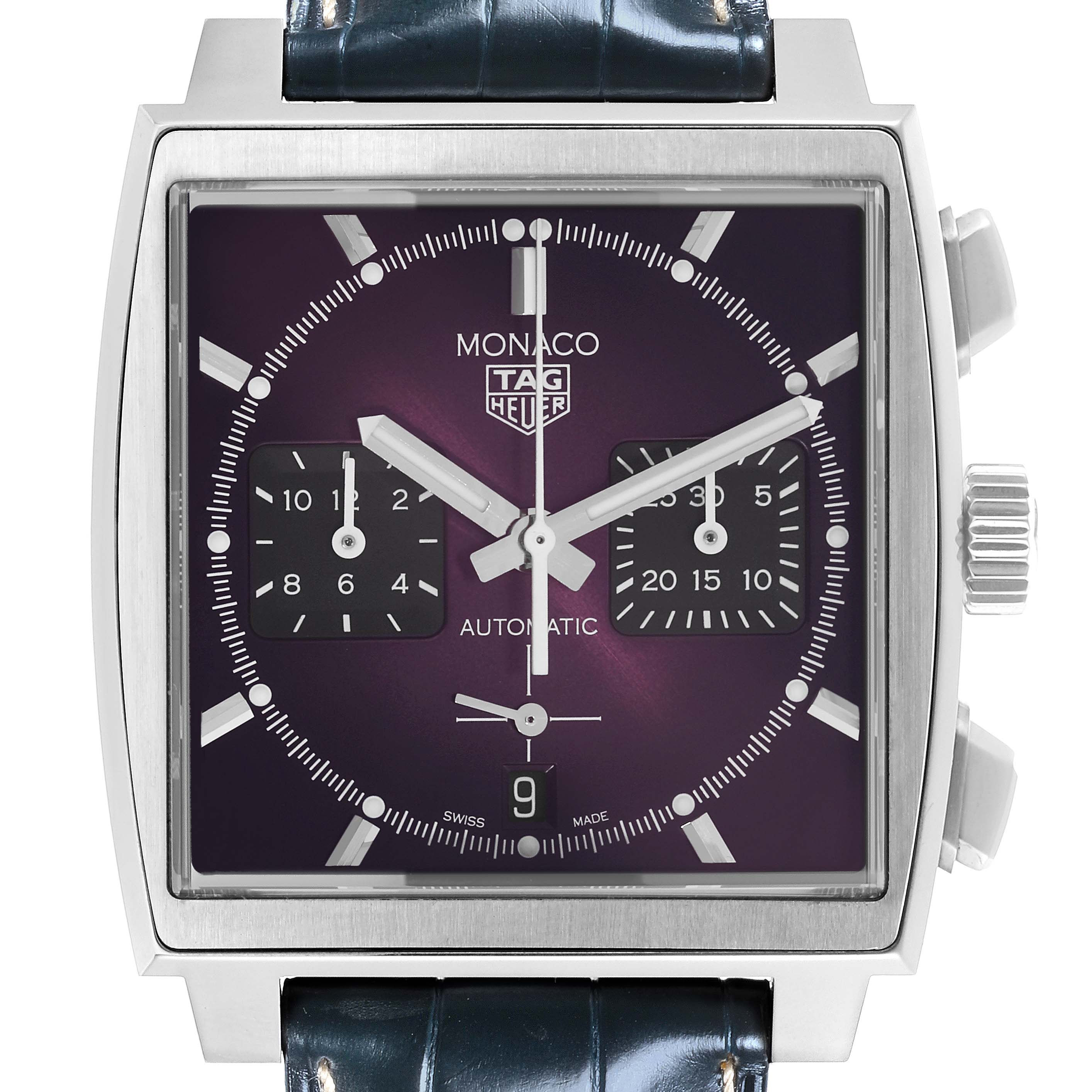 The Tag Heuer Monaco CBL2118.FC6518 Men's Stainless Steel Purple Dial CBL2118.FC6518 Men's Stainless Steel Purple Dial watch is shown from the front, displaying the dial, subdials, hands, and crown.