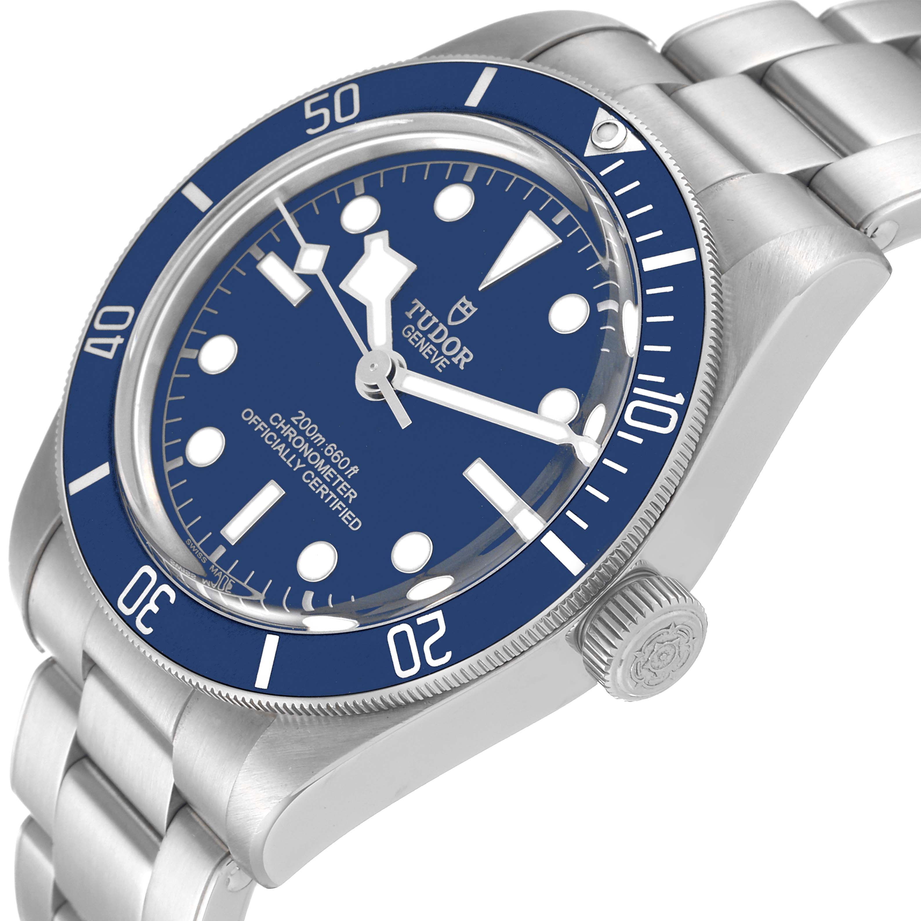 The image shows a Tudor Heritage Black Bay 79030B Men's Stainless Steel Blue Dial 79030B Men's Stainless Steel Blue Dial watch, angled to display the face, bezel, and bracelet.