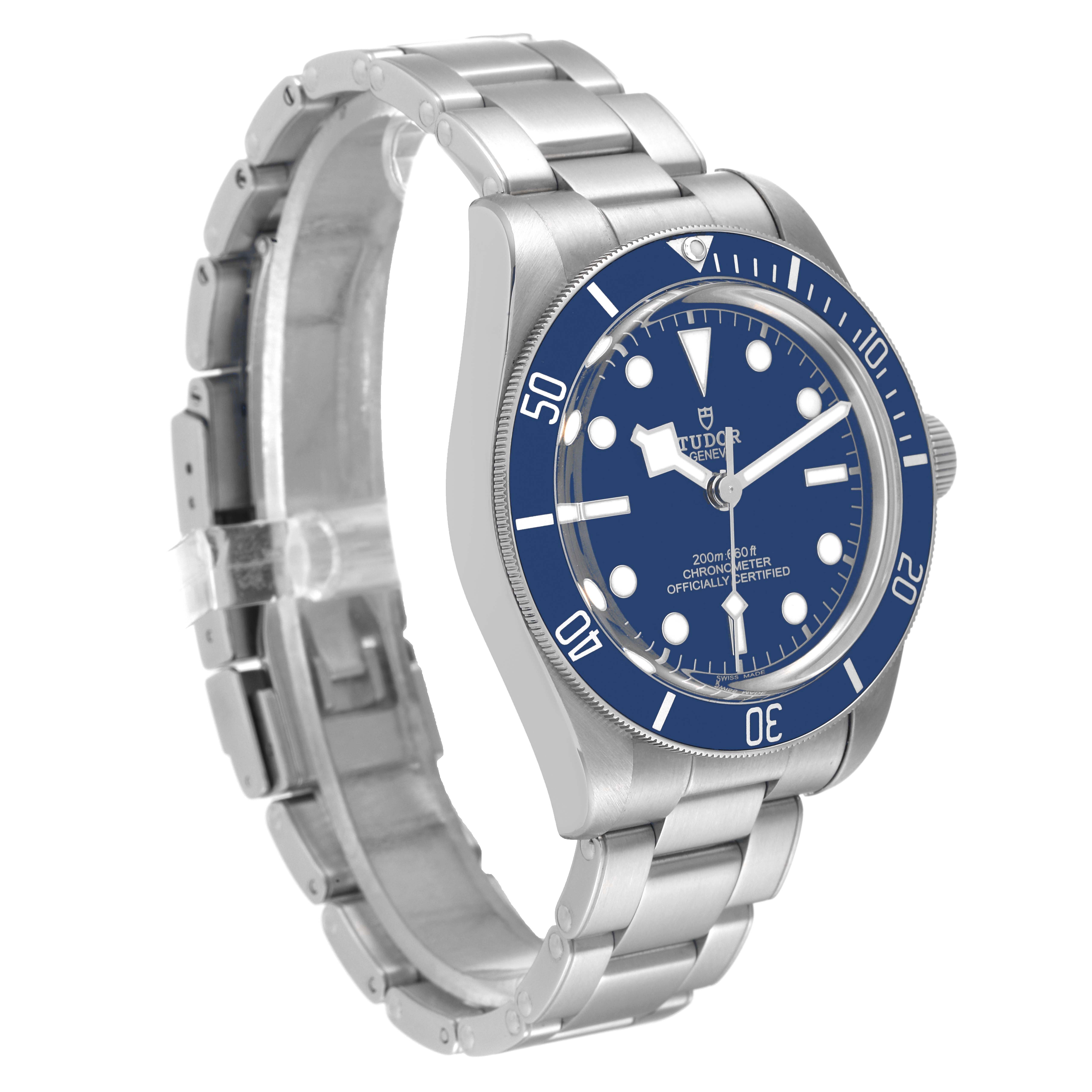 The Tudor Heritage Black Bay 79030B Men's Stainless Steel Blue Dial 79030B Men's Stainless Steel Blue Dial watch is shown at a slight angle, highlighting its blue dial, bezel, and stainless steel bracelet.