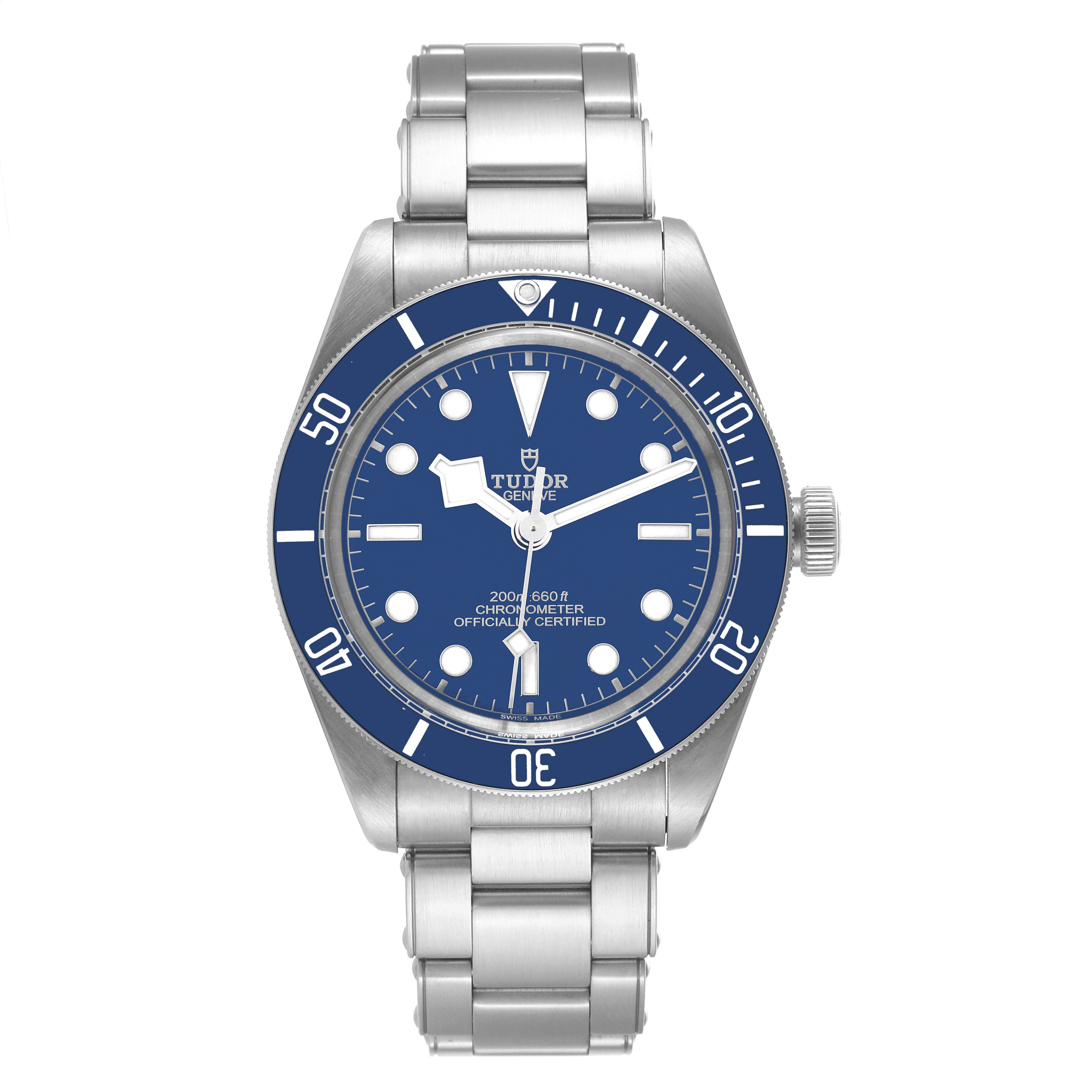 This image shows a front view of a Tudor Heritage Black Bay 79030B Men's Stainless Steel Blue Dial 79030B Men's Stainless Steel Blue Dial watch, detailing its blue dial, bezel, and metal bracelet.