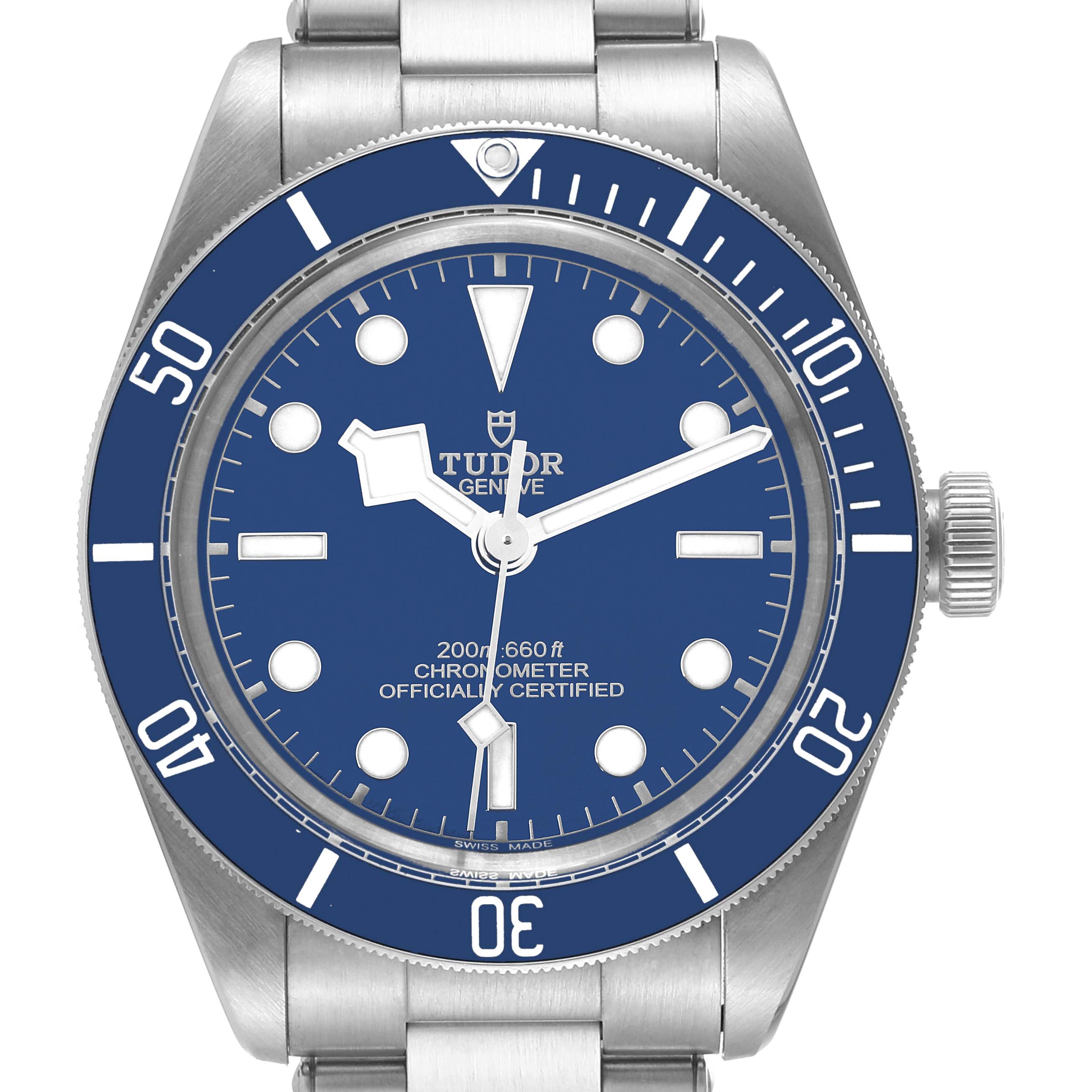 The image shows a front view of the Tudor Heritage Black Bay 79030B Men's Stainless Steel Blue Dial 79030B Men's Stainless Steel Blue Dial watch with a blue dial and bezel.