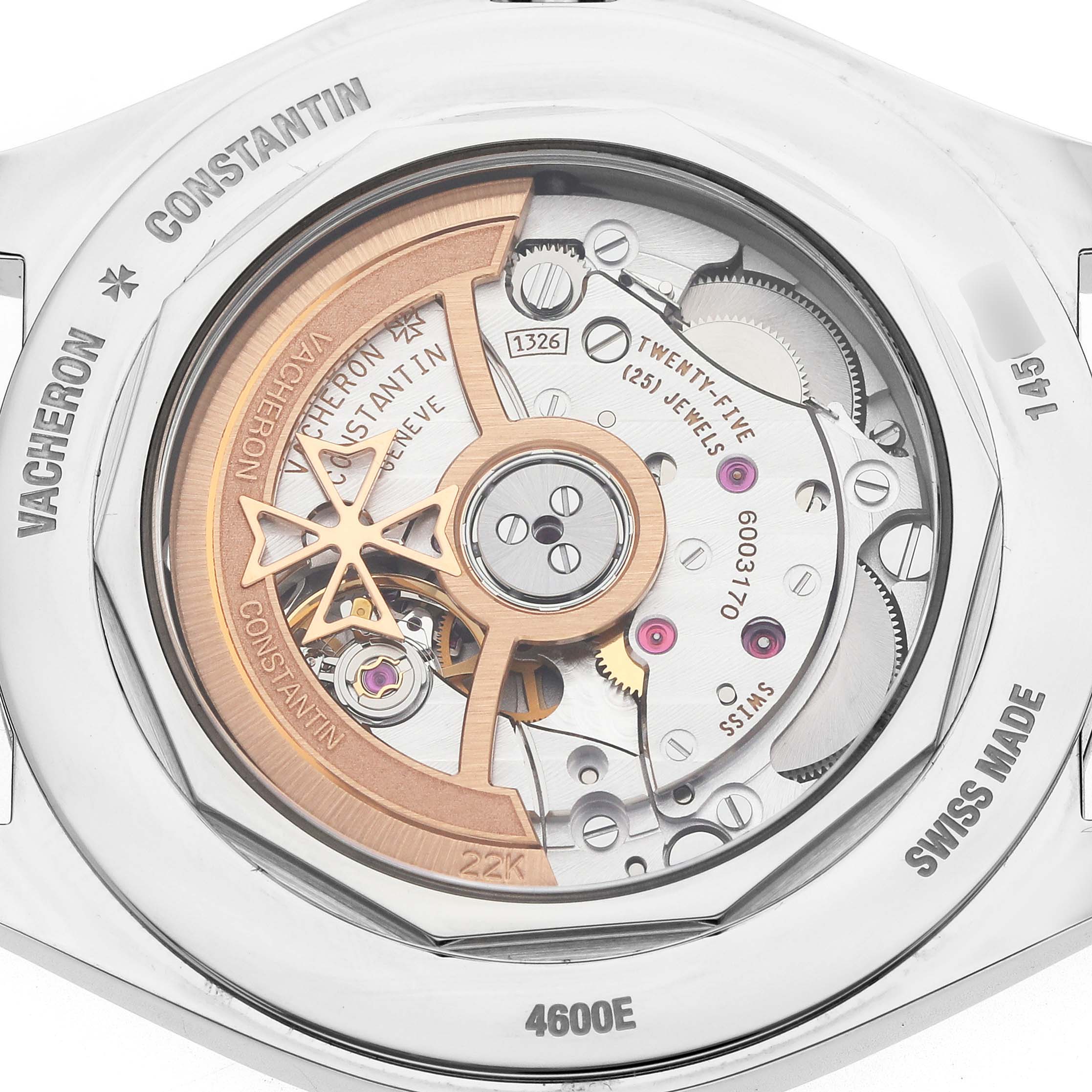 The image shows the case back view of a Vacheron Constantin Fiftysix 4600E/000A-B487 Men's Stainless Steel Blue Dial, highlighting its intricate movement.