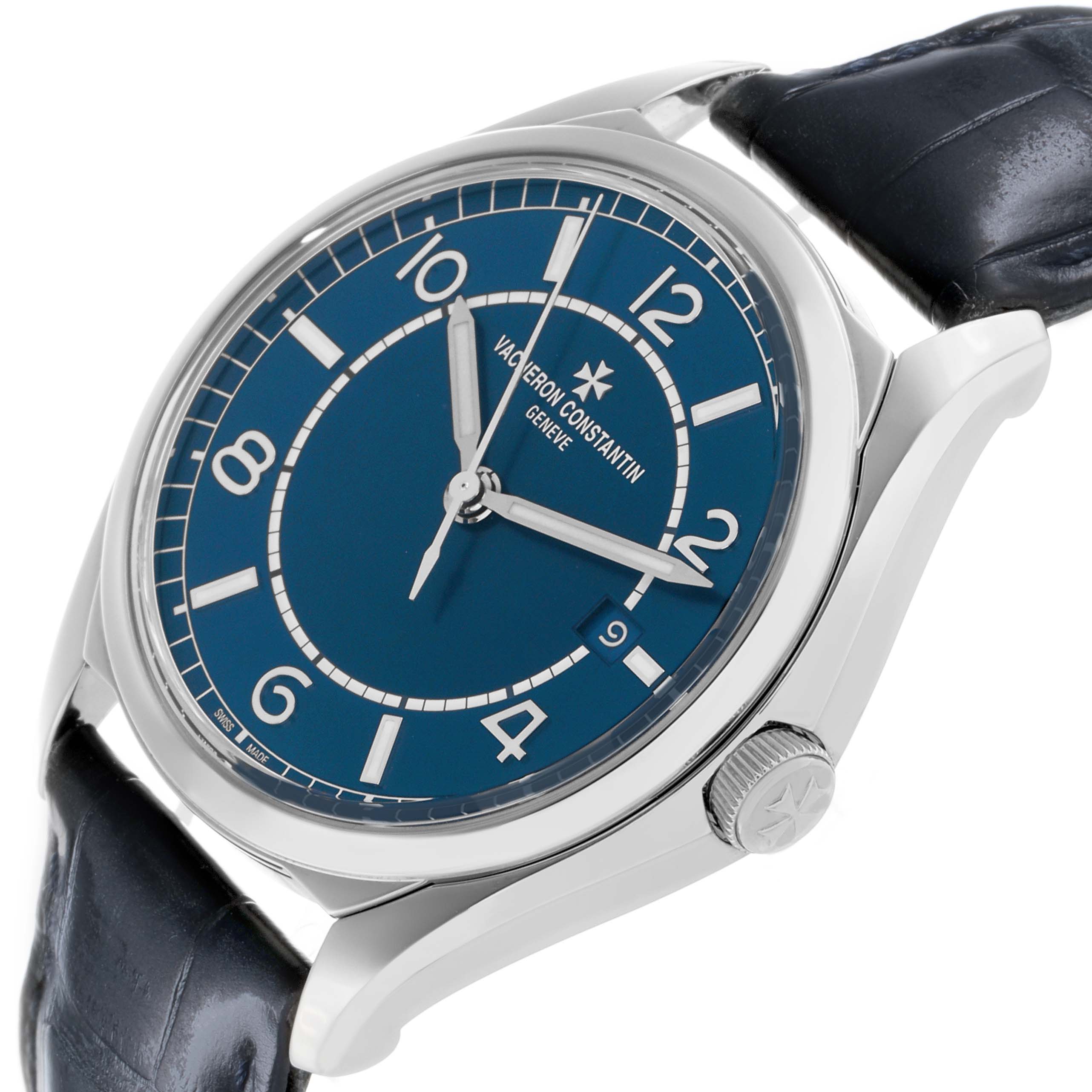 The Vacheron Constantin Fiftysix 4600E/000A-B487 Men's Stainless Steel Blue Dial watch is shown at an angled side view, highlighting the dial, bezel, crown, and strap.