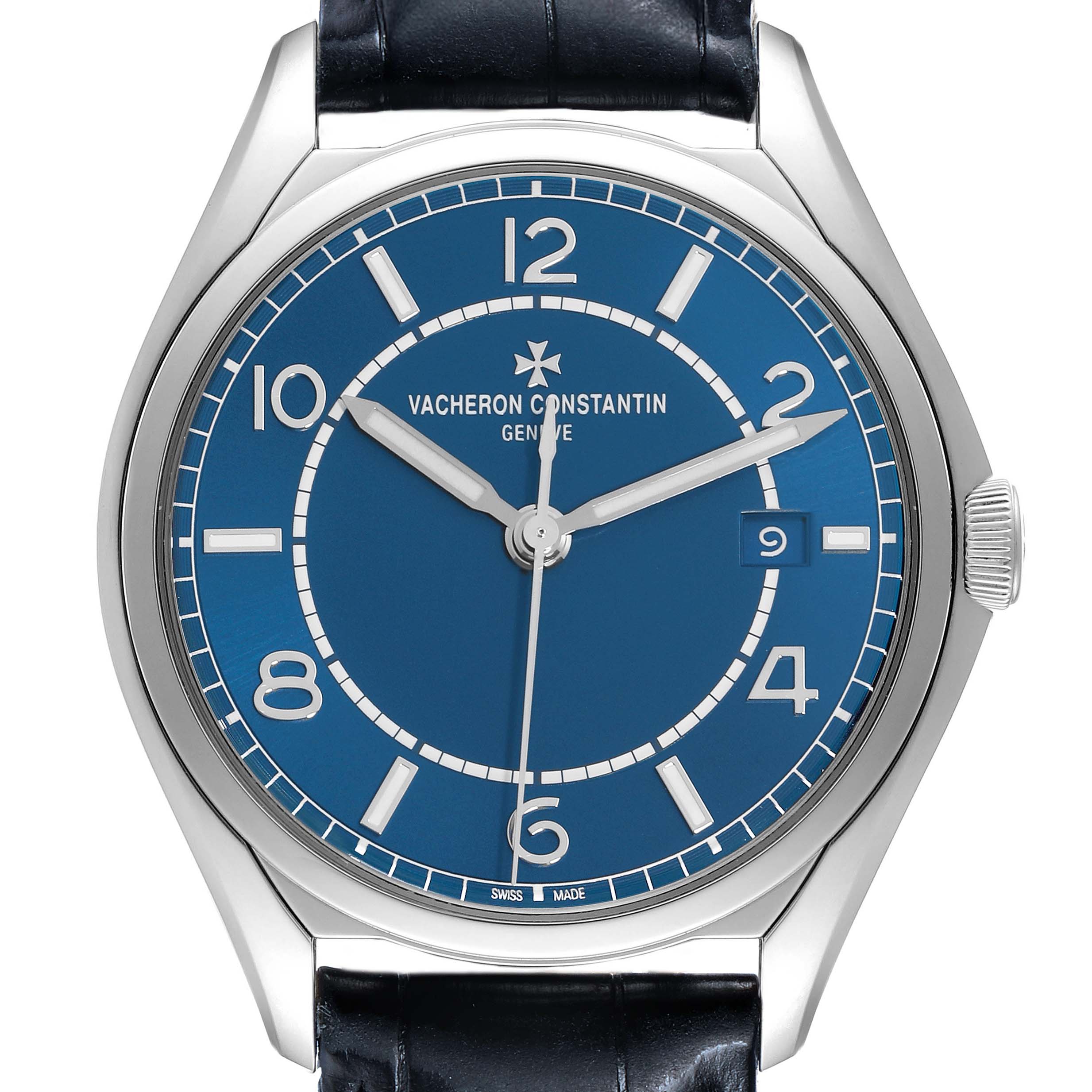 The Vacheron Constantin Fiftysix 4600E/000A-B487 Men's Stainless Steel Blue Dial watch is shown from the front, displaying its blue dial, hour markers, hands, and date window.