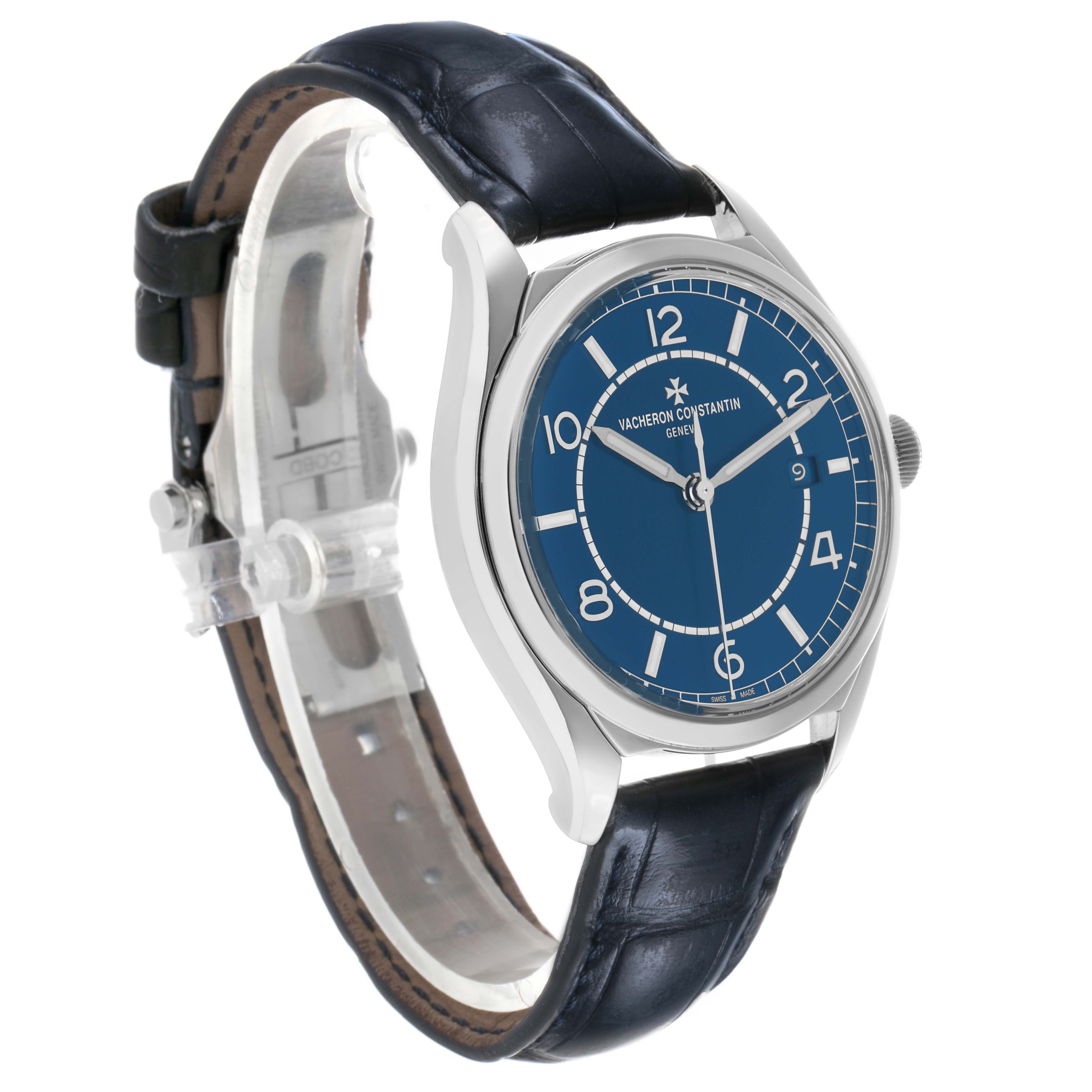 The Vacheron Constantin Fiftysix 4600E/000A-B487 Men's Stainless Steel Blue Dial watch is shown at a three-quarter angle, displaying its face, strap, and side profile.