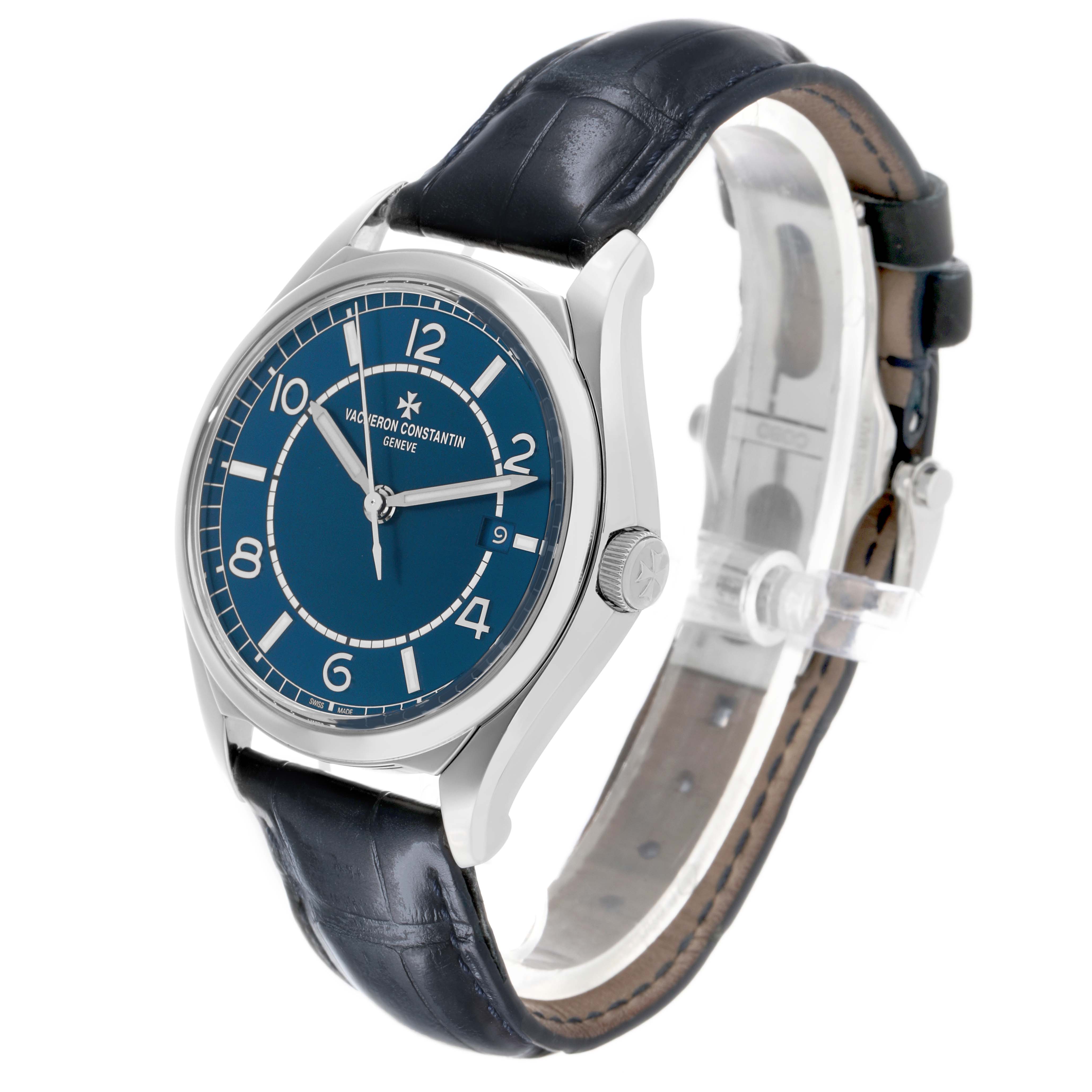 The Vacheron Constantin Fiftysix 4600E/000A-B487 Men's Stainless Steel Blue Dial watch is shown at an angle displaying the dial, crown, and strap, highlighting its blue face and silver case.