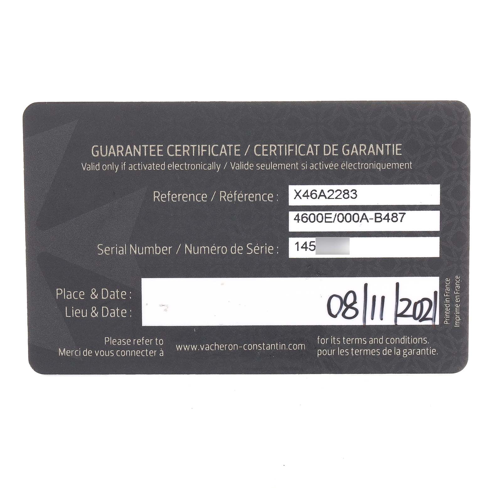 The image shows a guarantee certificate for the Vacheron Constantin Fiftysix 4600E/000A-B487 Men's Stainless Steel Blue Dial model, displaying reference and serial numbers.