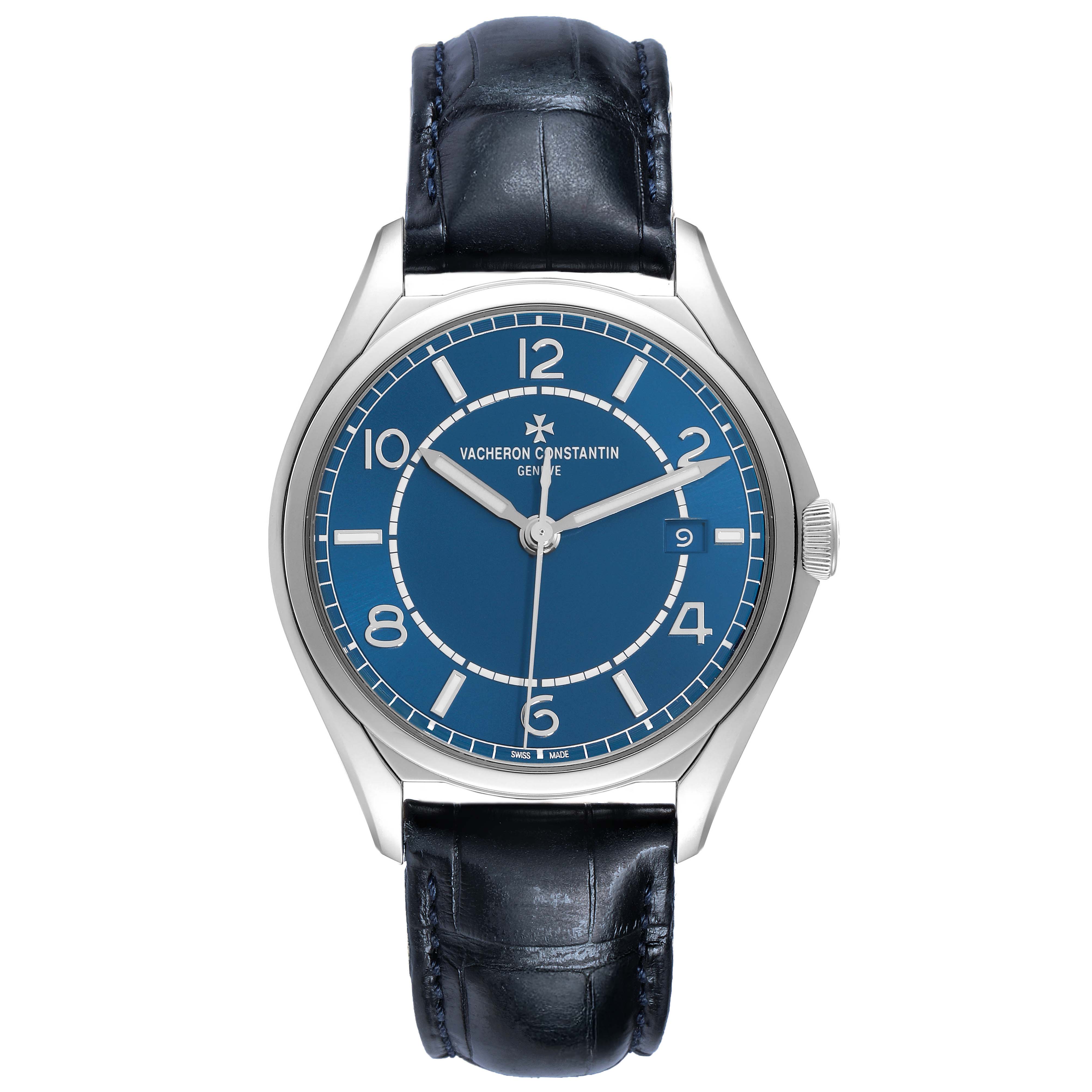 The Vacheron Constantin Fiftysix 4600E/000A-B487 Men's Stainless Steel Blue Dial watch is shown from a front view, displaying the dial, hands, hour markers, and a leather strap.