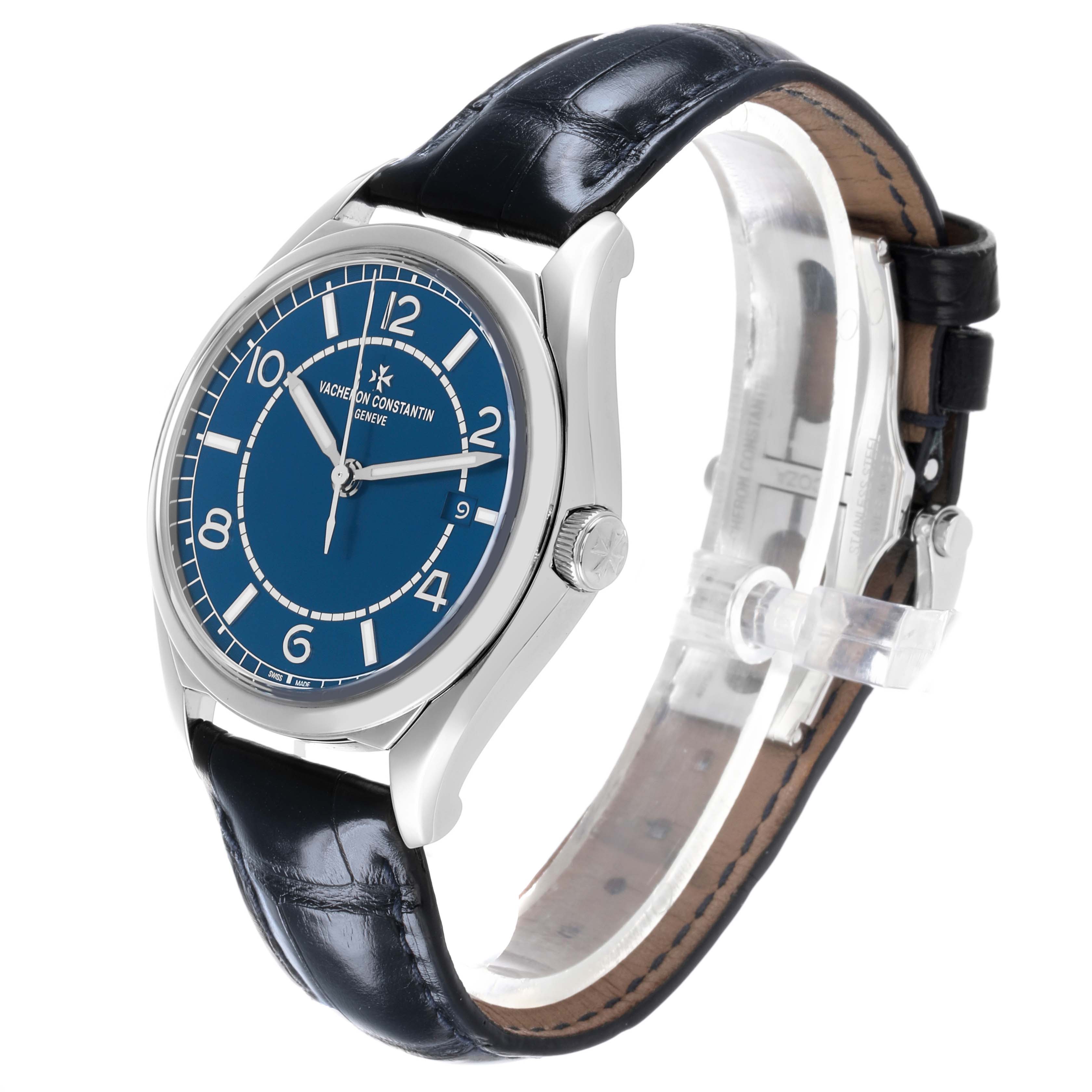 The Vacheron Constantin Fiftysix 4600E/000A-B487 Men's Stainless Steel Blue Dial watch is shown at a three-quarter angle, highlighting the dial, case, crown, and leather strap.