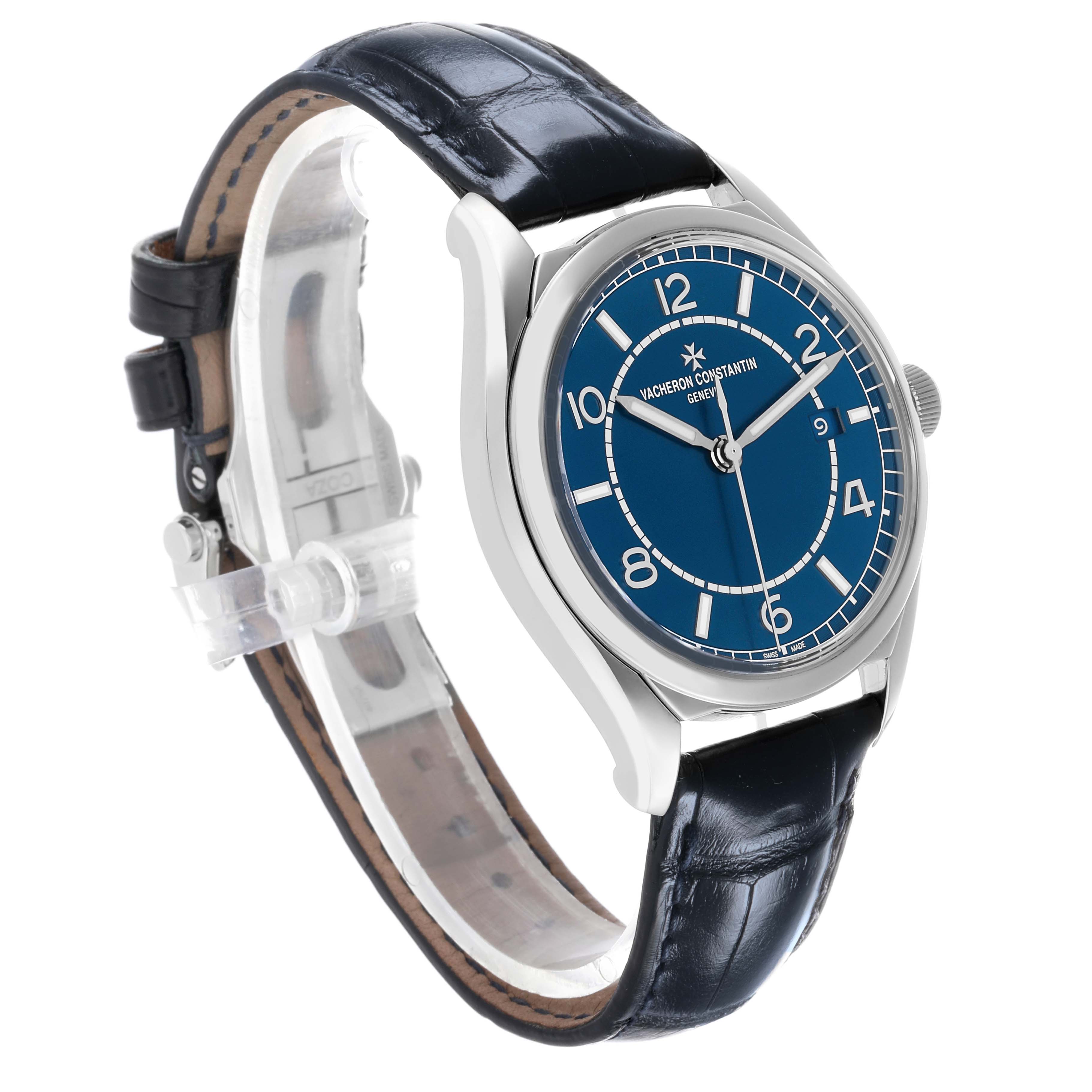 The Vacheron Constantin Fiftysix 4600E/000A-B487 Men's Stainless Steel Blue Dial watch is shown at a slight angle from the front, highlighting its blue dial and leather strap.