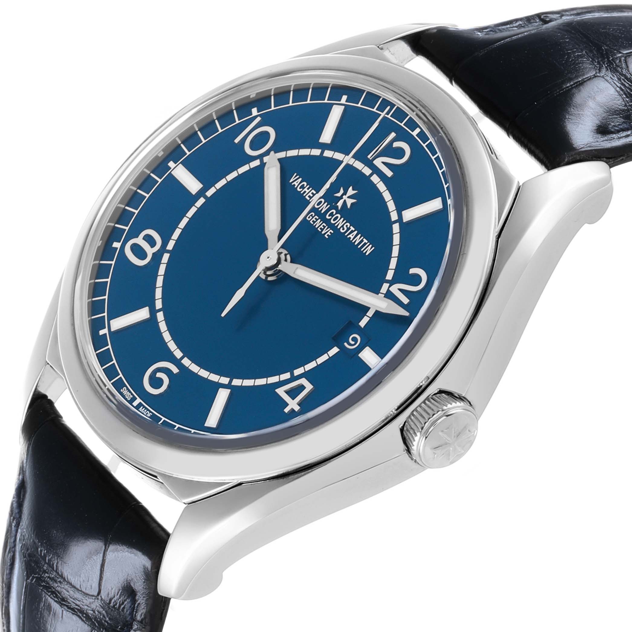 The Vacheron Constantin Fiftysix 4600E/000A-B487 Men's Stainless Steel Blue Dial watch is shown at a slight angle, highlighting the blue dial, silver case, and crown.