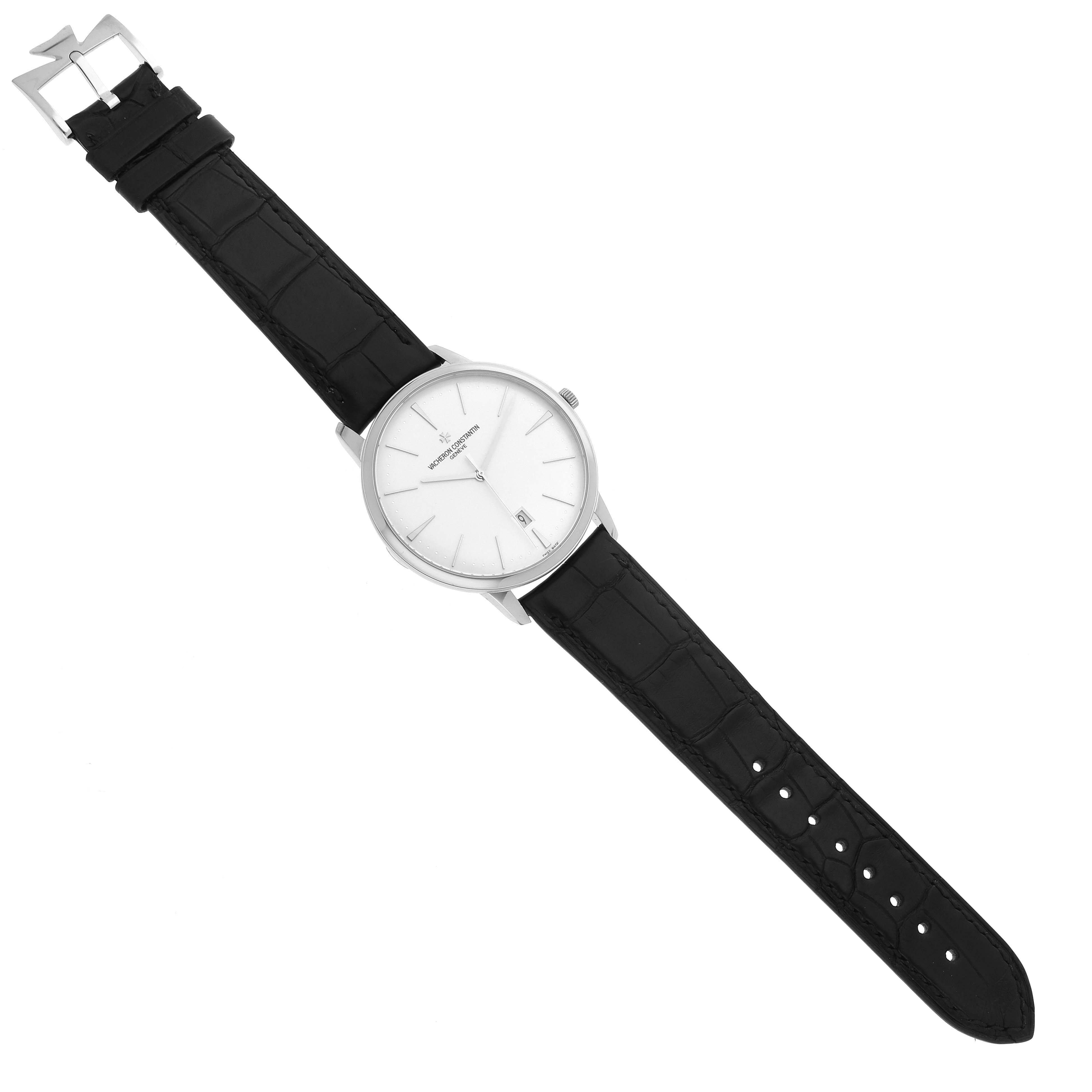 The Vacheron Constantin Patrimony 85180/000G-9230 Men's White Gold Silver Dial 85180/000G-9230 Men's White Gold Silver Dial watch is shown from above, displaying the face, case, and black leather strap.