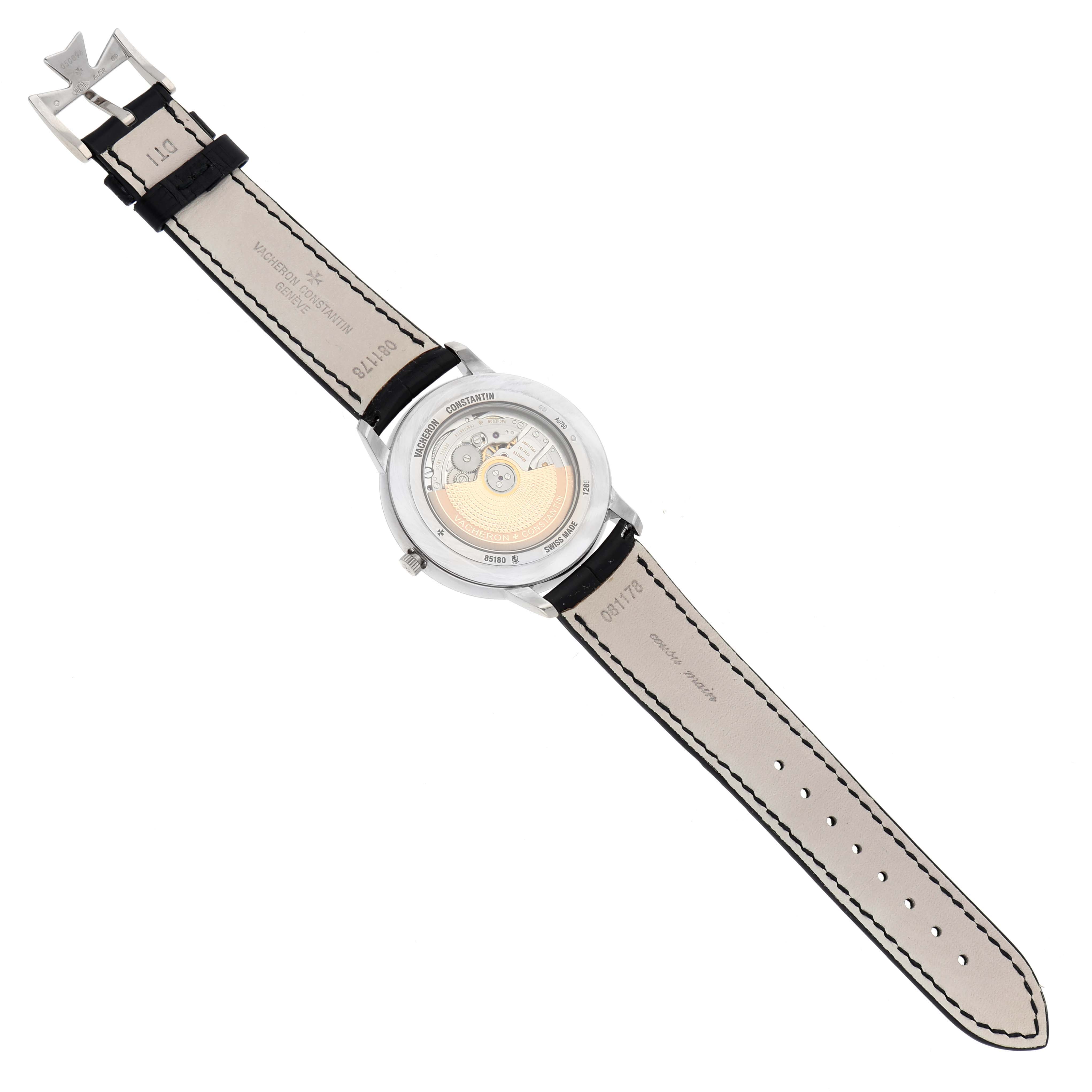 The image shows the back of the Vacheron Constantin Patrimony 85180/000G-9230 Men's White Gold Silver Dial 85180/000G-9230 Men's White Gold Silver Dial watch, displaying the movement and leather strap.