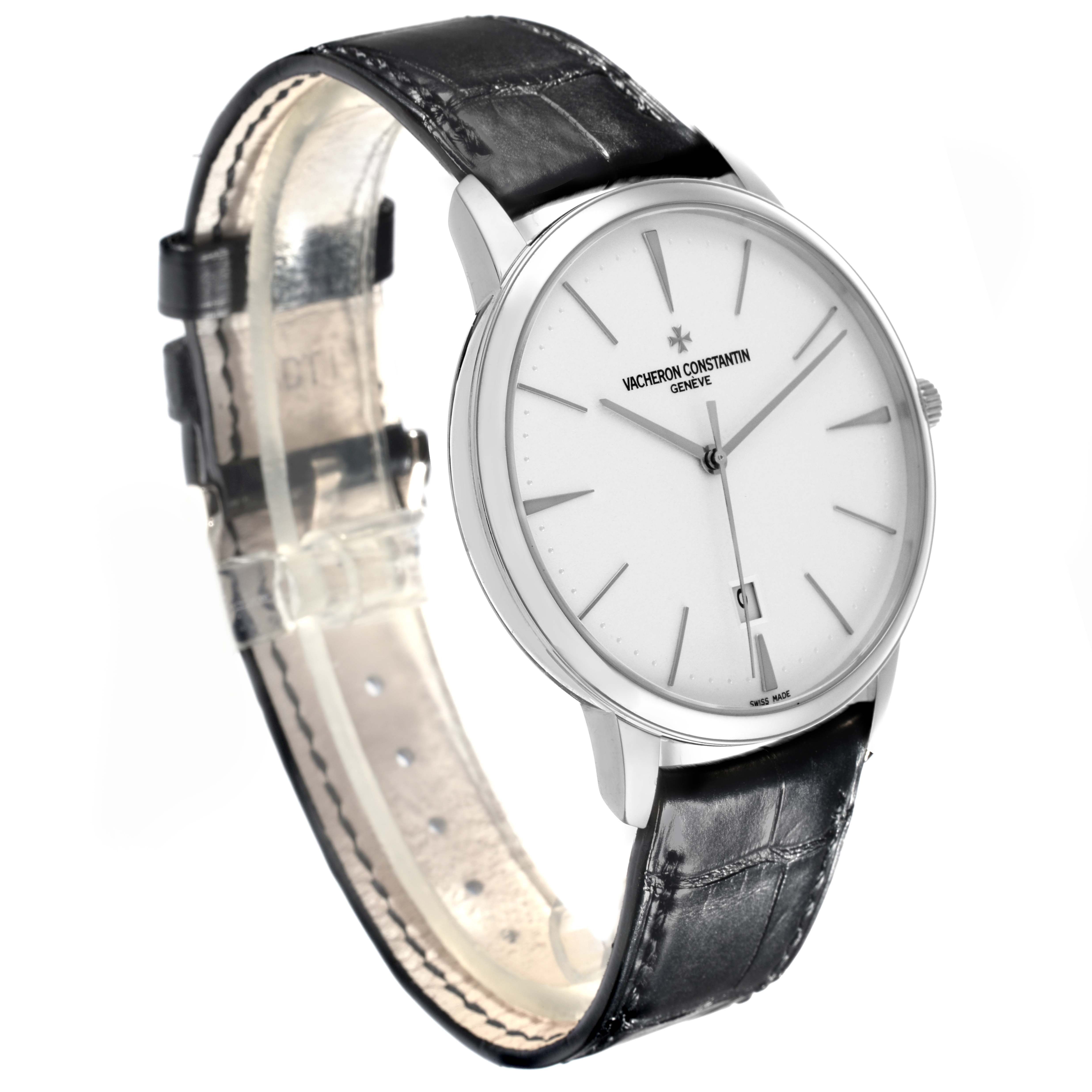 The Vacheron Constantin Patrimony 85180/000G-9230 Men's White Gold Silver Dial 85180/000G-9230 Men's White Gold Silver Dial watch is shown at an angled side view, displaying the dial, hands, and black leather strap.