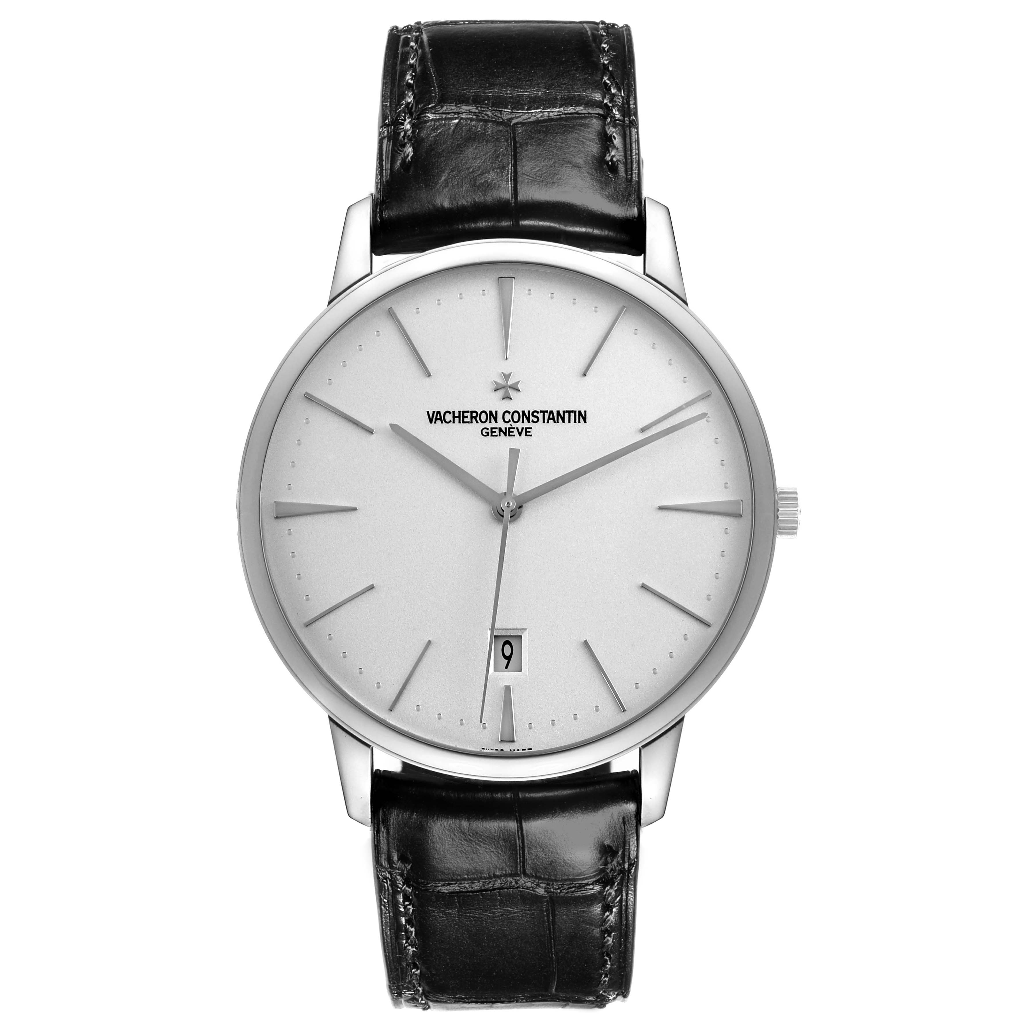 The Vacheron Constantin Patrimony 85180/000G-9230 Men's White Gold Silver Dial 85180/000G-9230 Men's White Gold Silver Dial watch is shown from a front angle, displaying the full face, hands, markers, and leather strap.