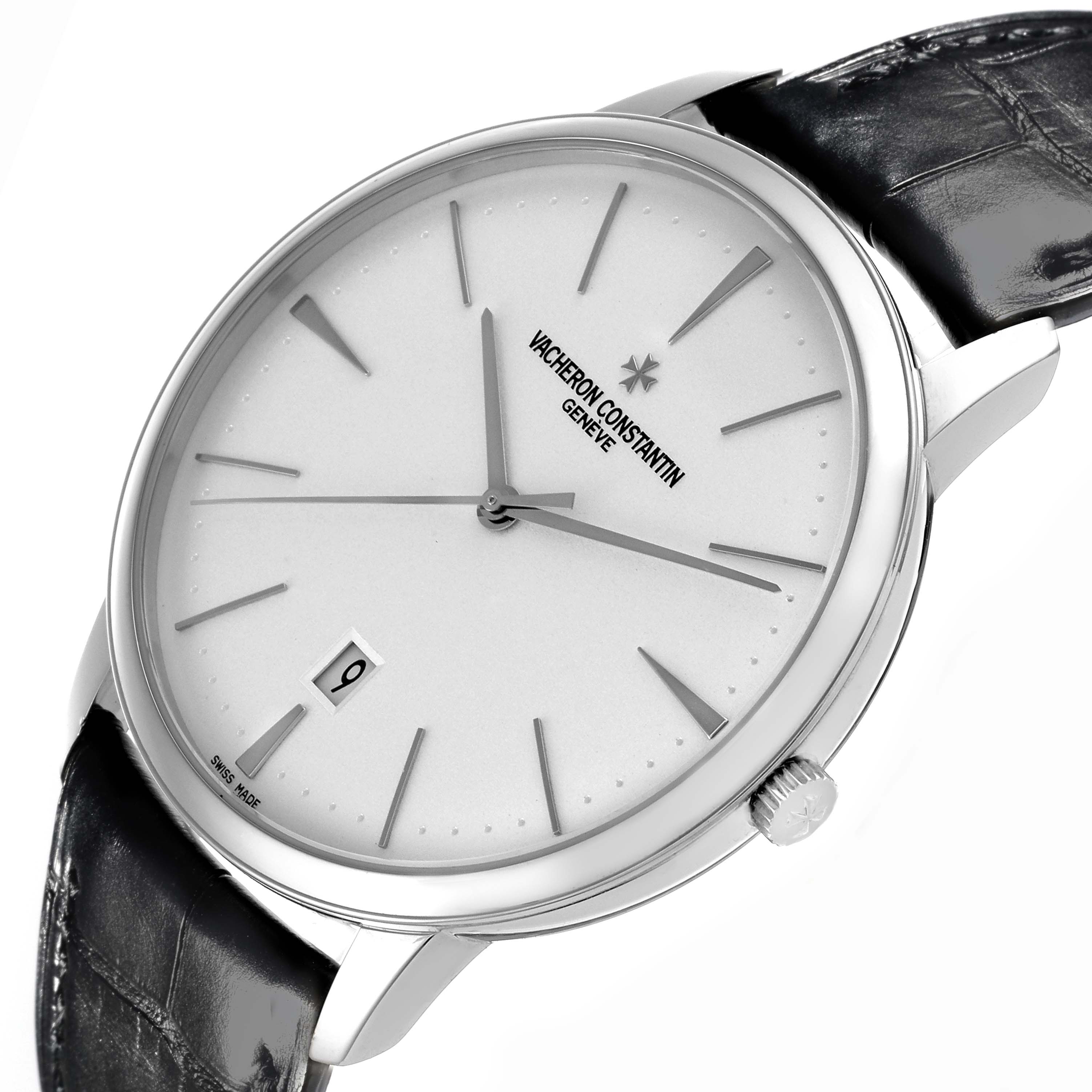 The Vacheron Constantin Patrimony 85180/000G-9230 Men's White Gold Silver Dial 85180/000G-9230 Men's White Gold Silver Dial watch is shown from a 3/4 angle, displaying the face, crown, and strap.