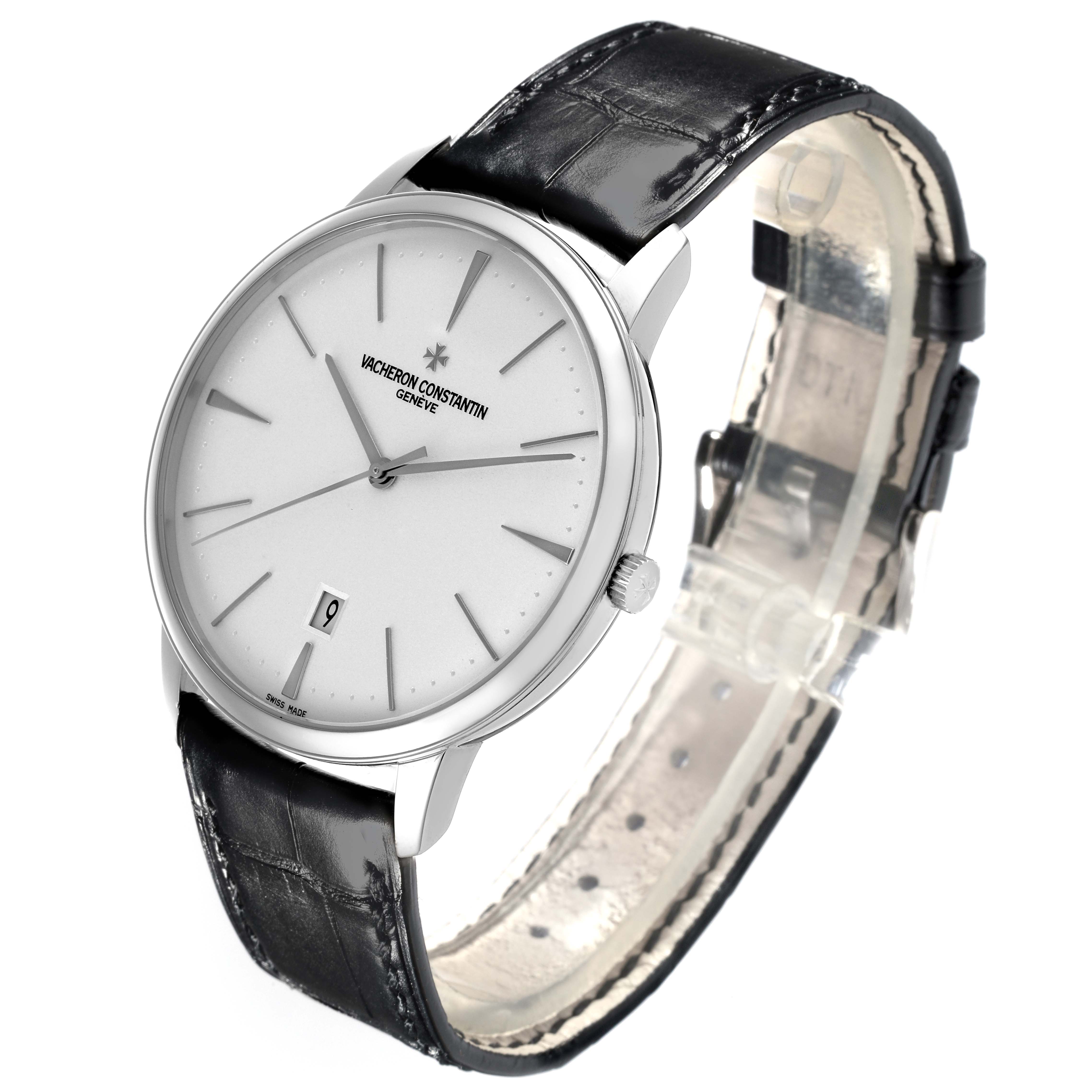 The Vacheron Constantin Patrimony 85180/000G-9230 Men's White Gold Silver Dial 85180/000G-9230 Men's White Gold Silver Dial watch is shown at a slight right angle, displaying the face, strap, and crown.