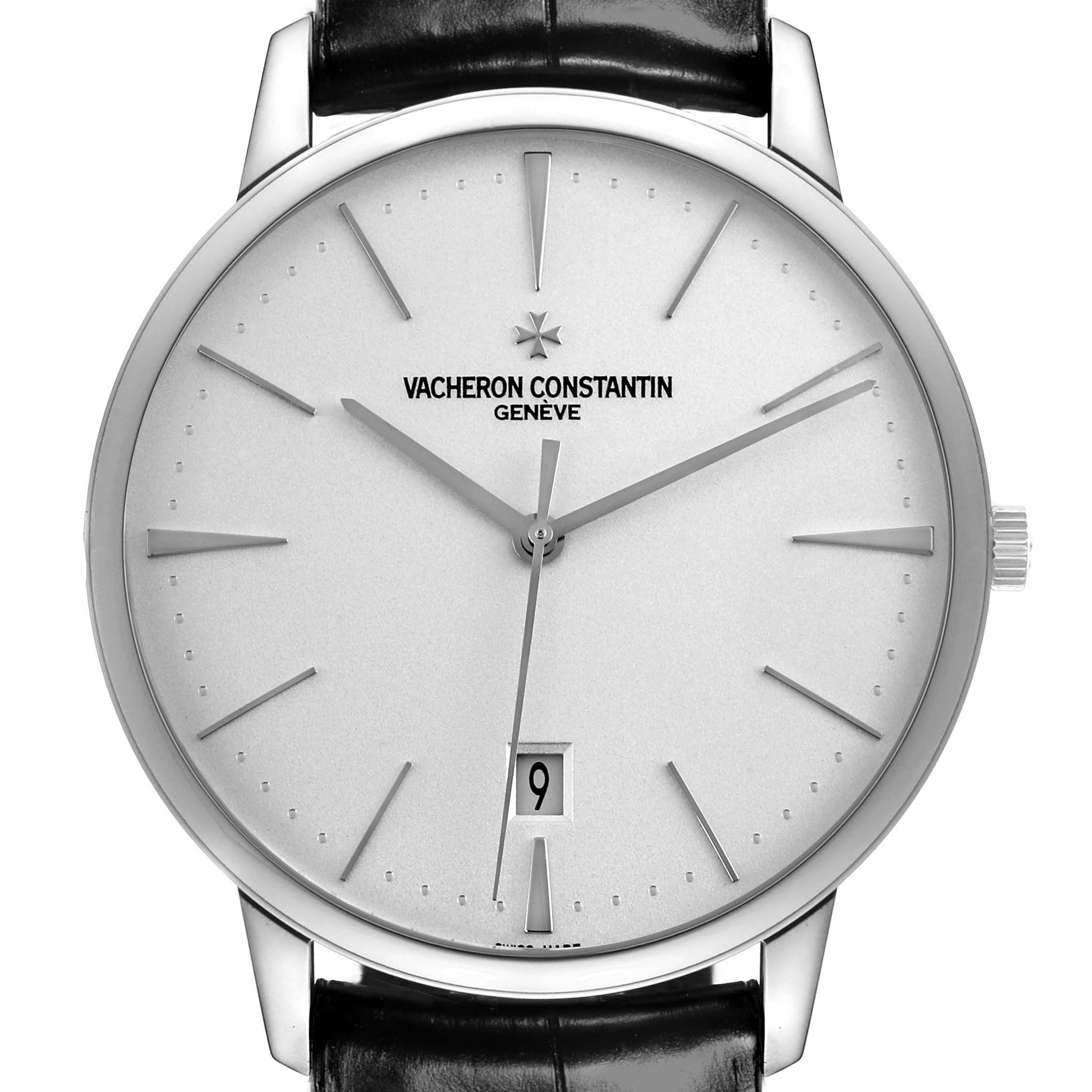The Vacheron Constantin Patrimony 85180/000G-9230 Men's White Gold Silver Dial 85180/000G-9230 Men's White Gold Silver Dial watch is shown from the front, featuring the dial, hands, indices, and date window.